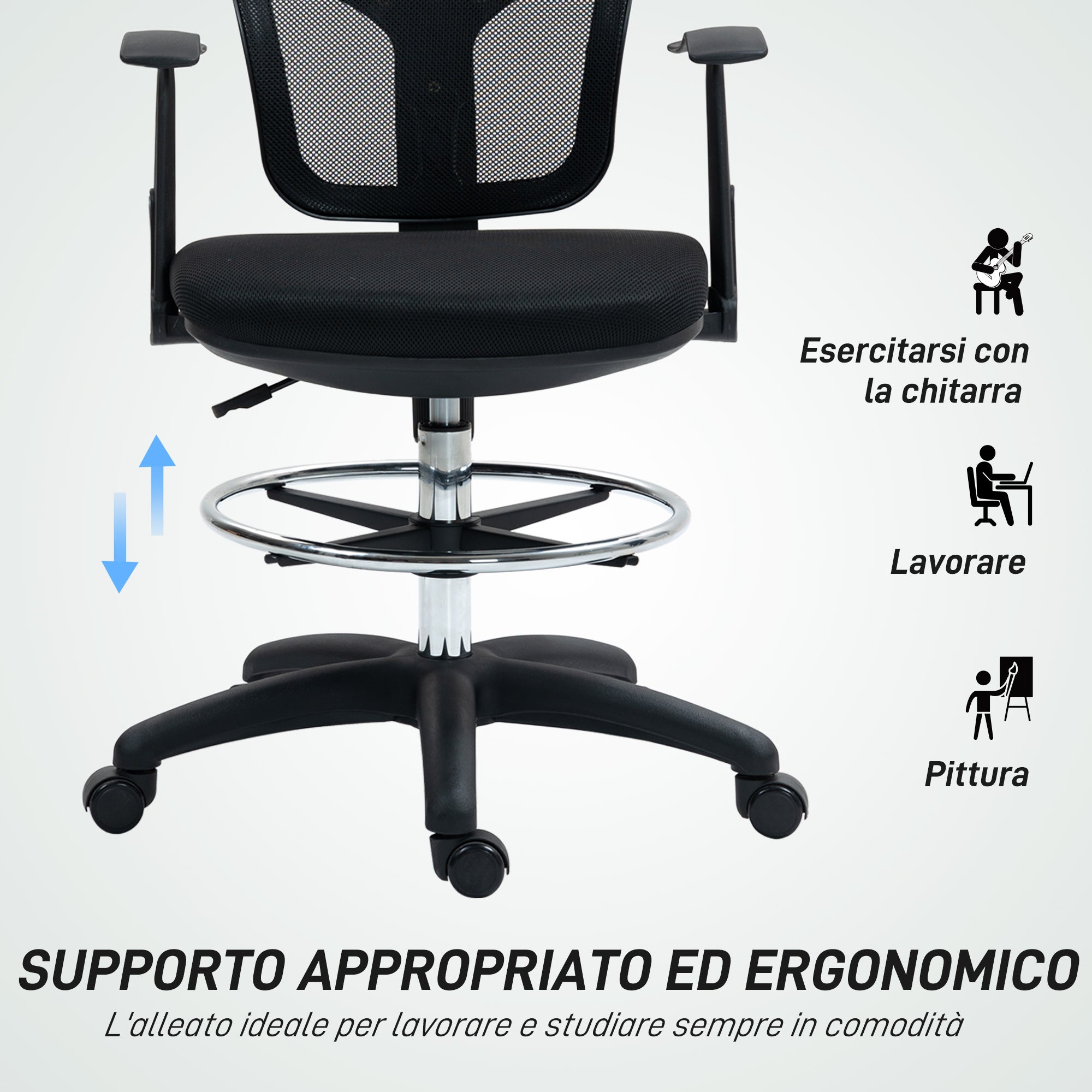 Swivel Office Chair with Footrest Ring and Curved Back, Ergonomic Polyester, Foam, and Plastic Chair, Height Adjustable, 55x58x94 cm, Black