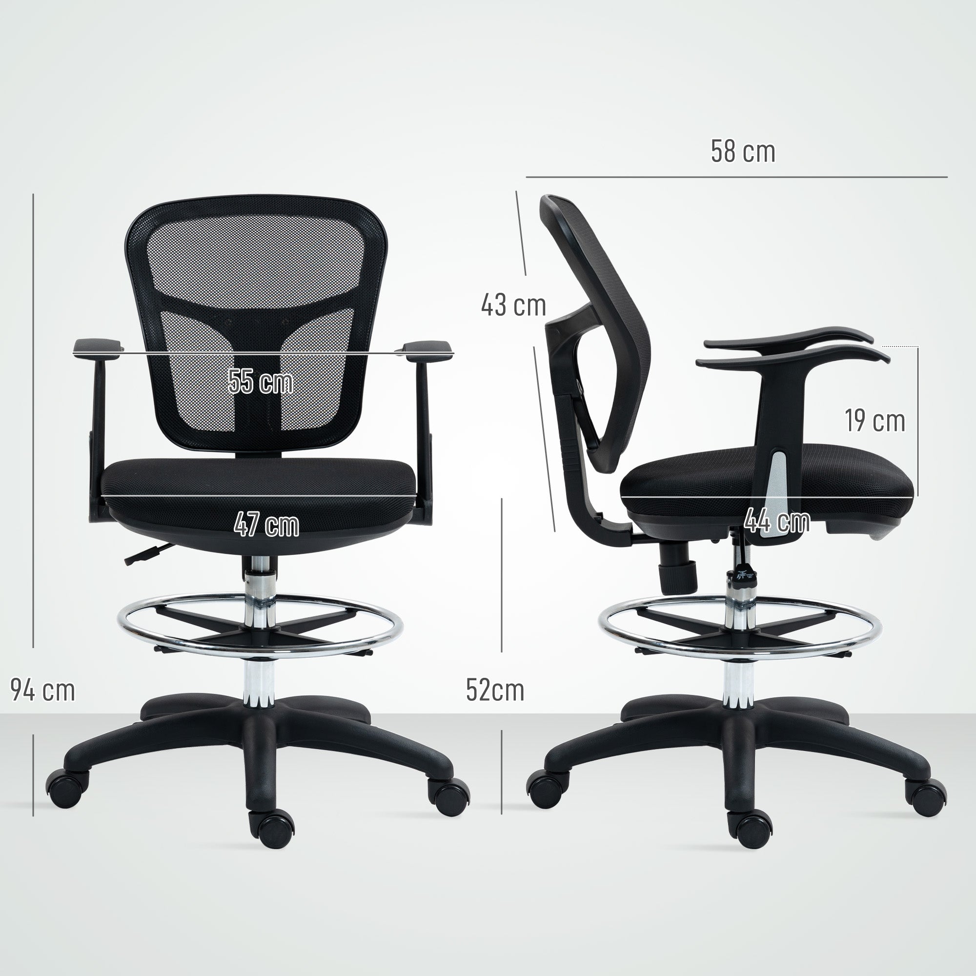 Swivel Office Chair with Footrest Ring and Curved Back, Ergonomic Polyester, Foam, and Plastic Chair, Height Adjustable, 55x58x94 cm, Black