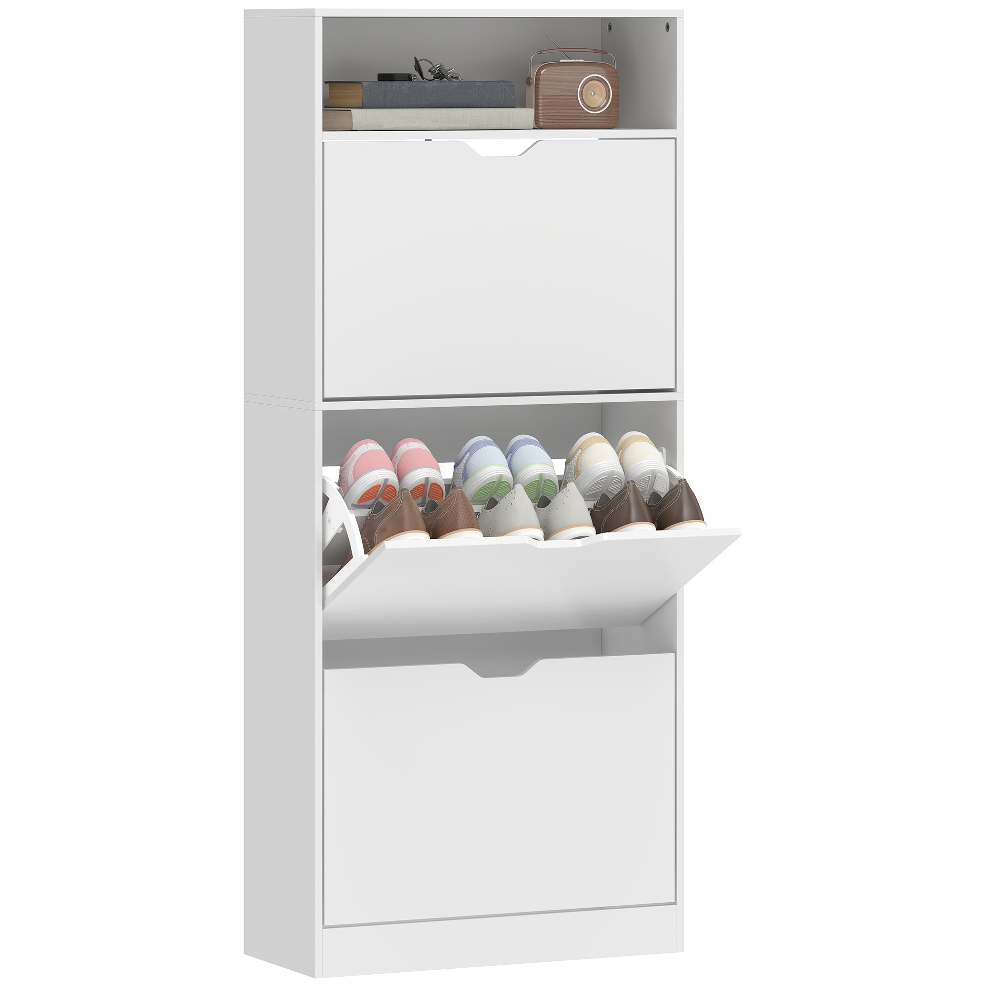 Shoe Cabinet for 12–18 Pairs, Slim Shoe Storage with 3 Tilt-Out Drawers, Open Compartment & Adjustable Shelves, for Hallway & Entry, 60 x 26 x 140 cm (23.6 x 10.2 x 55.1 in), White
