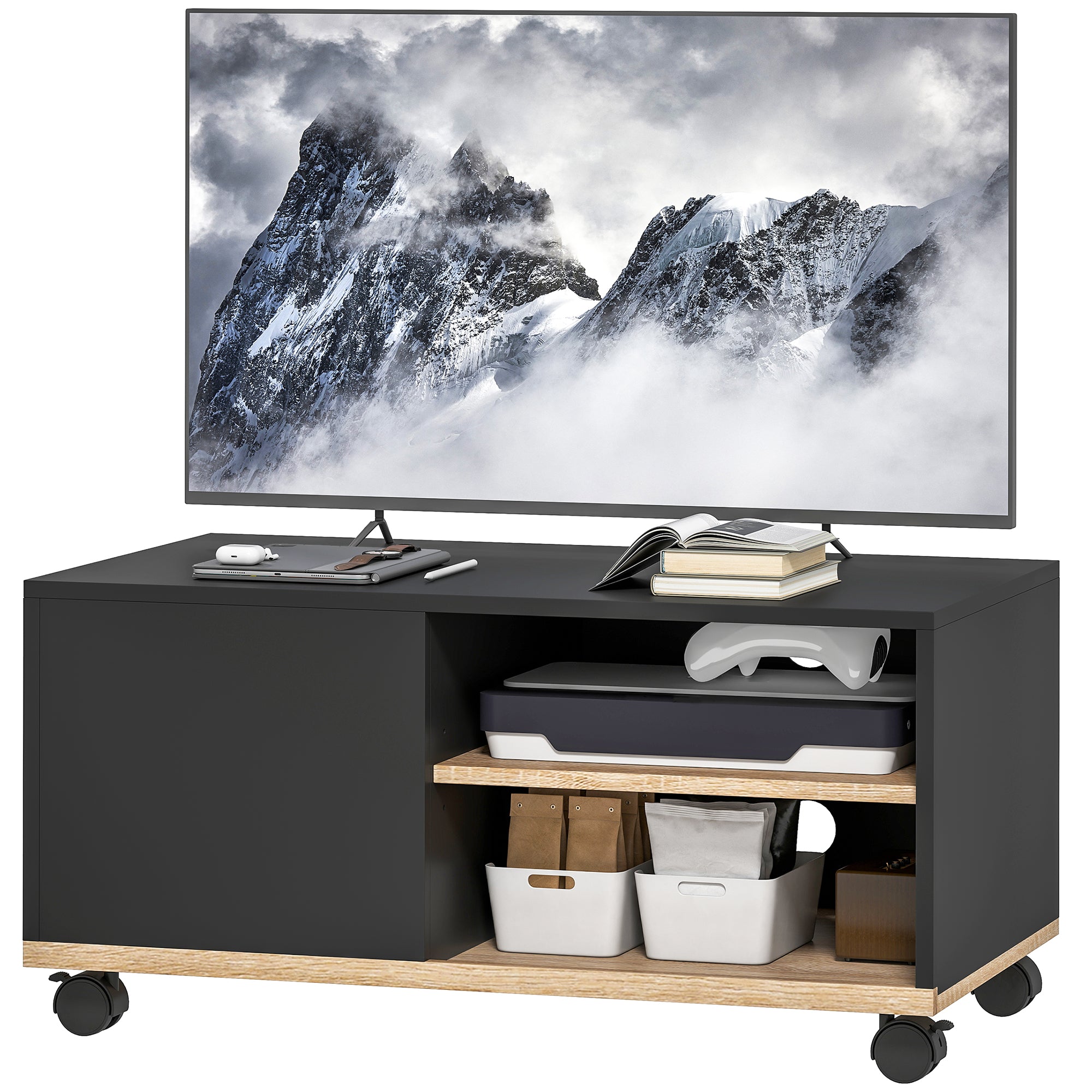 Lowboard TV Stand on Casters with Cabinet, Cable Management & Adjustable Shelf — Fits up to 32" TVs, Black & Oak, 80 x 45 x 41 cm (31.5 x 17.7 x 16.1 in)