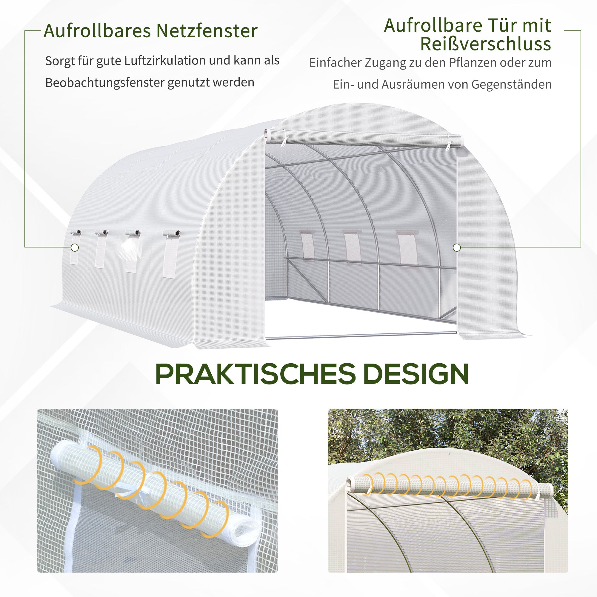 Greenhouse 595x300x200cm Foil Greenhouse Tomato House with Door, Window, Foil Tunnel made of Galvanized Steel, Plant Tunnel, Greenhouse including Ground Anchors Ropes, Garden Tunnel, White