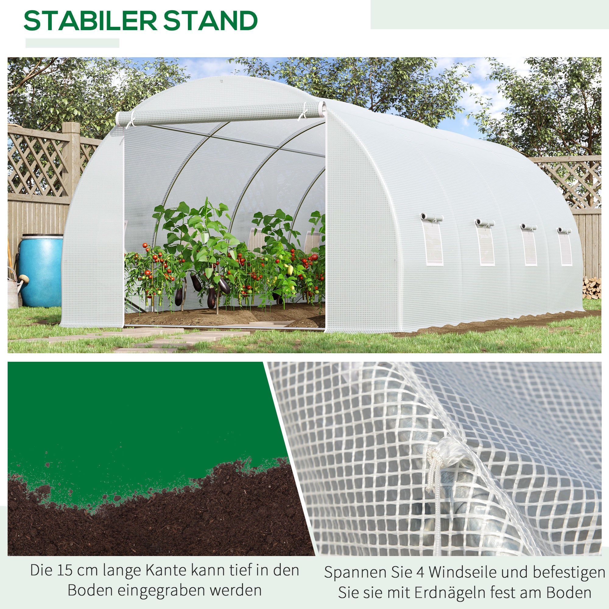 Greenhouse 595x300x200cm Foil Greenhouse Tomato House with Door, Window, Foil Tunnel made of Galvanized Steel, Plant Tunnel, Greenhouse including Ground Anchors Ropes, Garden Tunnel, White
