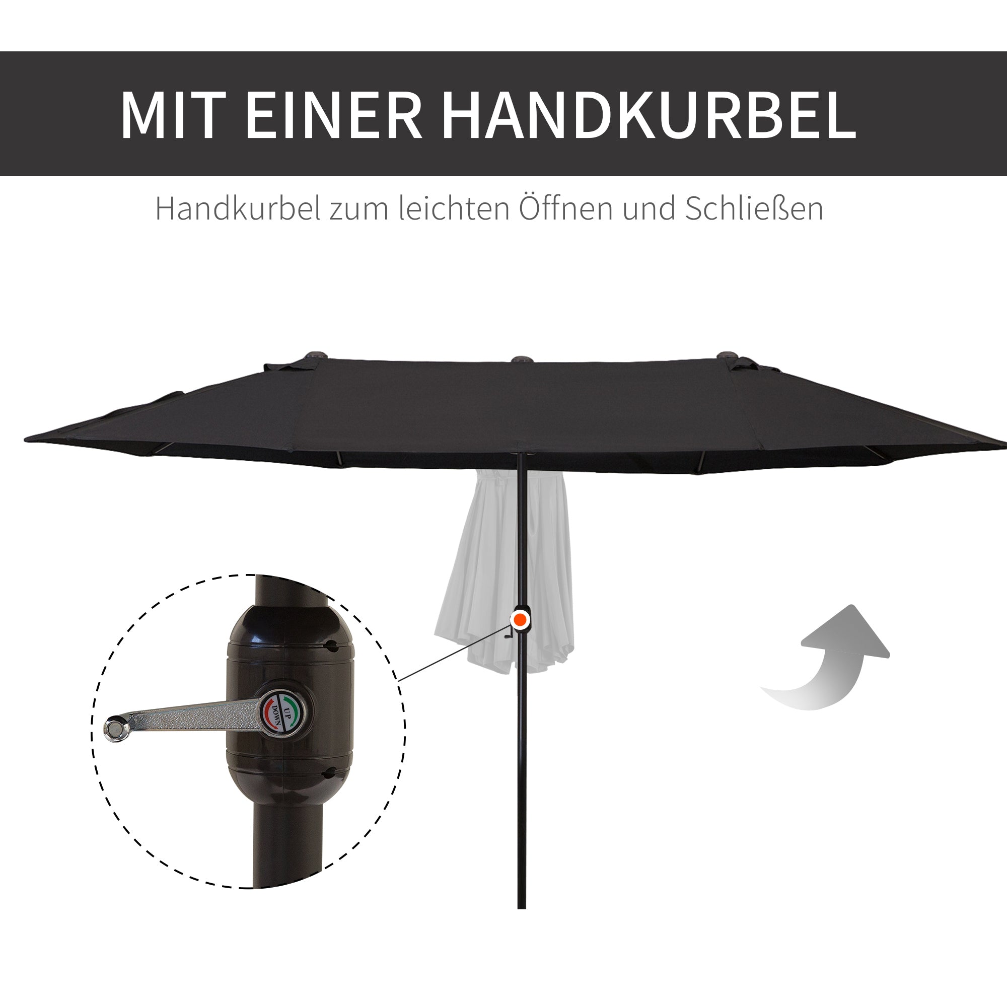 Double Sun Umbrella 455 x 265 cm, UV Protection Sunshade with Hand Crank, Balcony Beach Umbrella Windproof Crank Umbrella Sun Protection for Beach Balcony Garden, Black