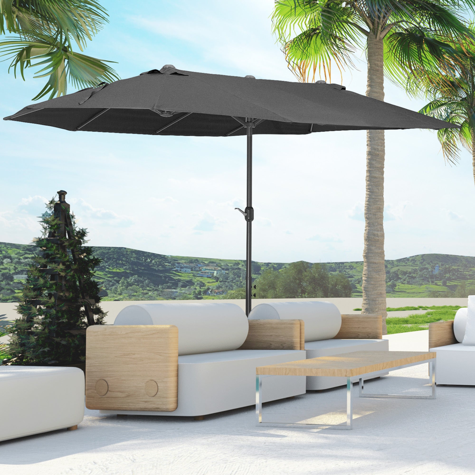 Double Sun Umbrella 455 x 265 cm, UV Protection Sunshade with Hand Crank, Balcony Beach Umbrella Windproof Crank Umbrella Sun Protection for Beach Balcony Garden, Black