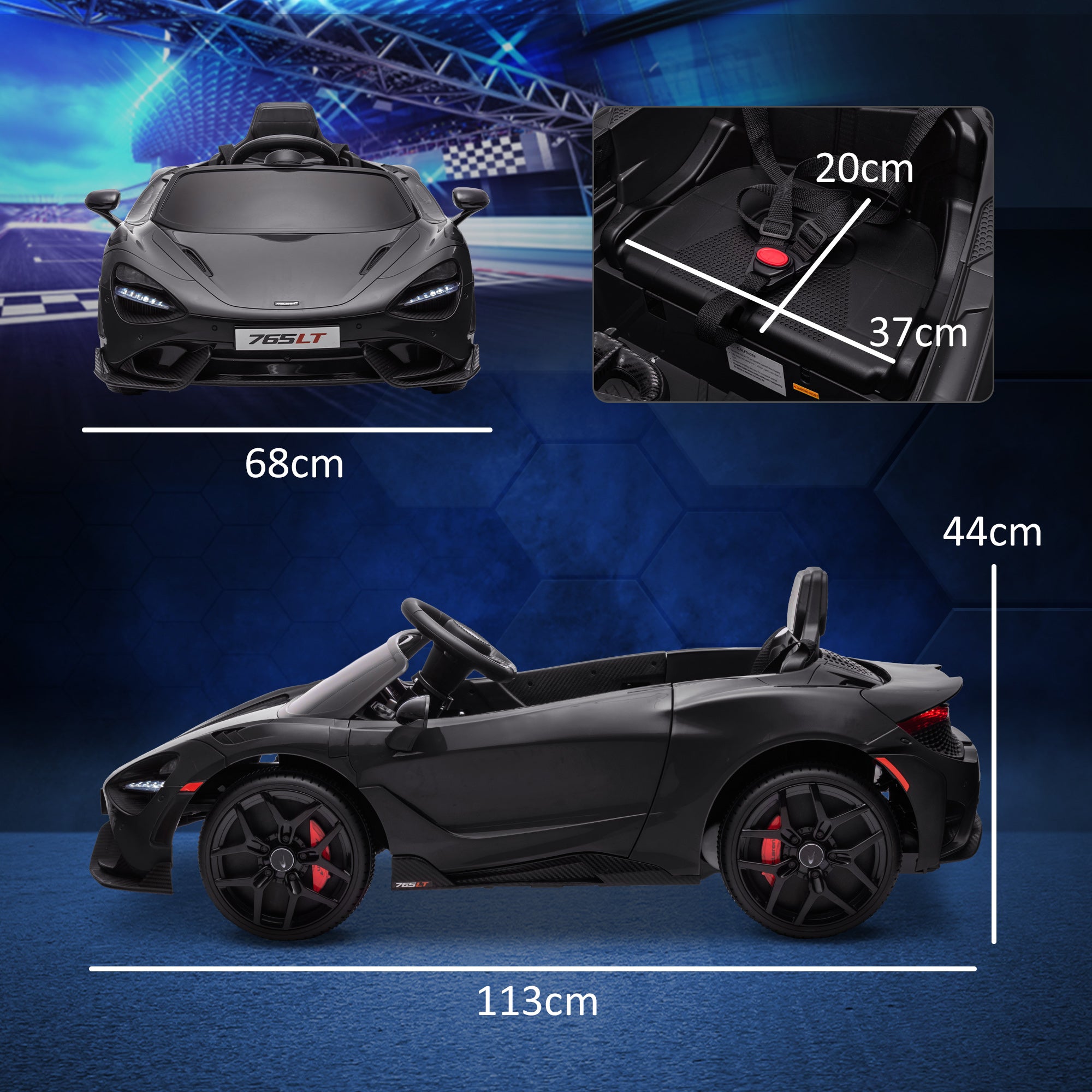 Kids Electric Car 12V McLaren 765LT Toy Car with 2.4G Remote Control, MP3 Music, Electric Vehicle with Horn, Lights, Gullwing Doors, Soft Start, 3-5 km/h, for 3-6 Years Kids, Black