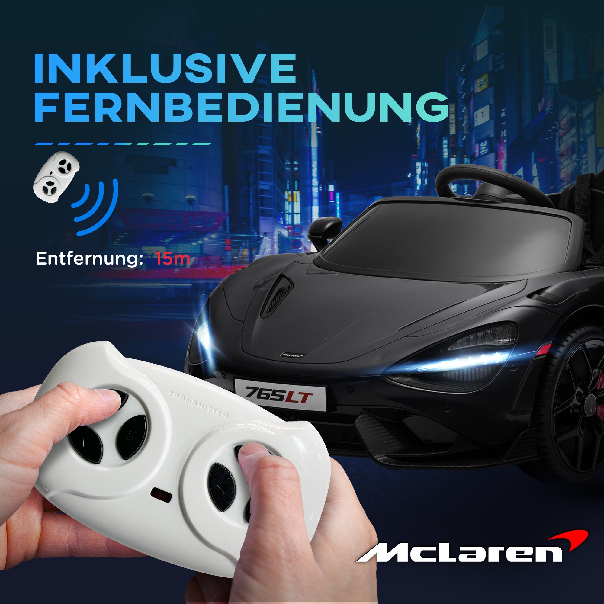 Kids Electric Car 12V McLaren 765LT Toy Car with 2.4G Remote Control, MP3 Music, Electric Vehicle with Horn, Lights, Gullwing Doors, Soft Start, 3-5 km/h, for 3-6 Years Kids, Black