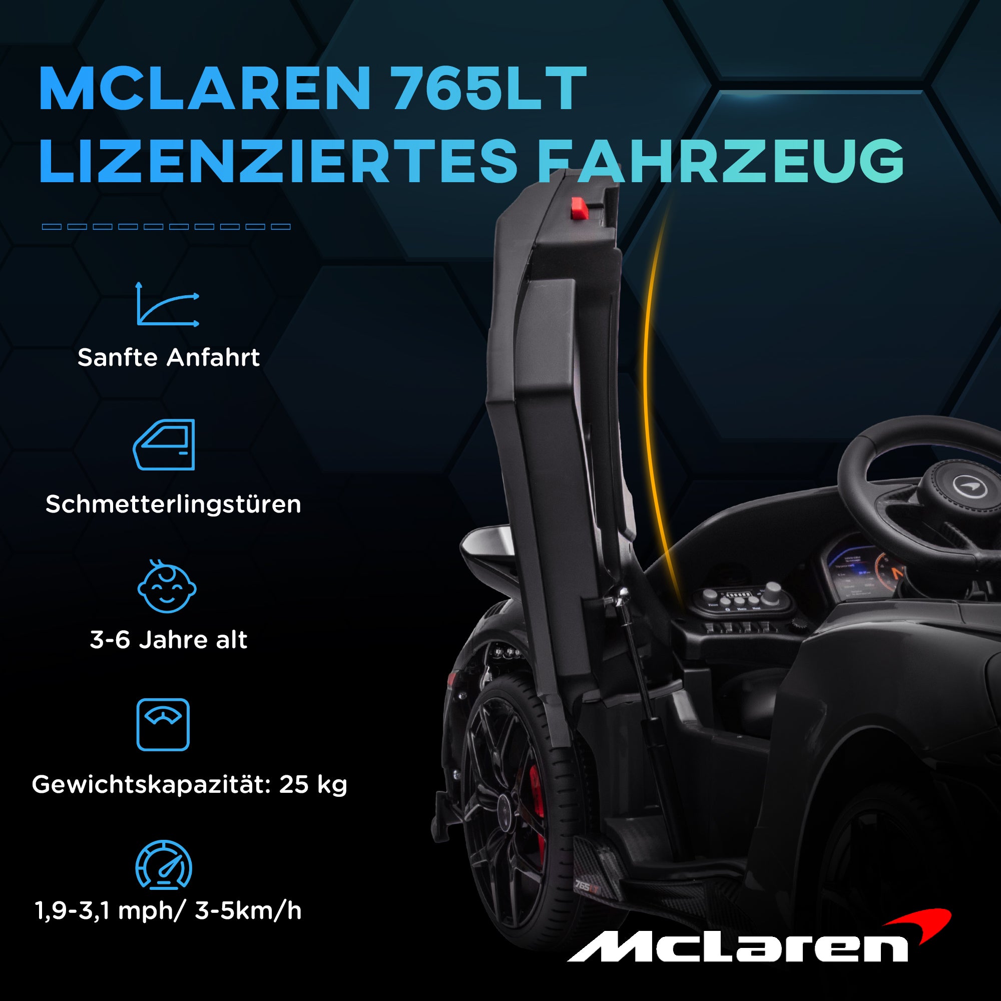 Kids Electric Car 12V McLaren 765LT Toy Car with 2.4G Remote Control, MP3 Music, Electric Vehicle with Horn, Lights, Gullwing Doors, Soft Start, 3-5 km/h, for 3-6 Years Kids, Black