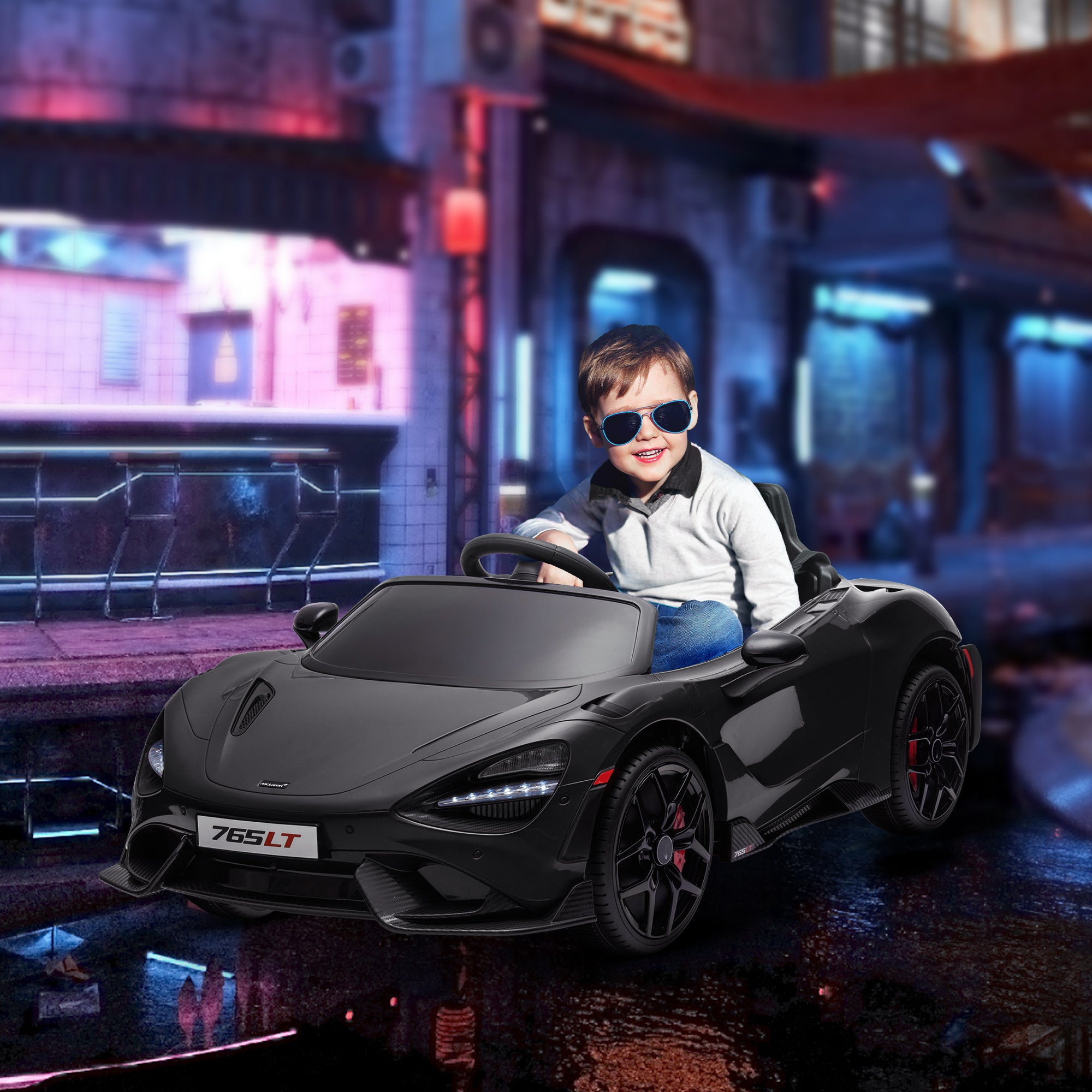 Kids Electric Car 12V McLaren 765LT Toy Car with 2.4G Remote Control, MP3 Music, Electric Vehicle with Horn, Lights, Gullwing Doors, Soft Start, 3-5 km/h, for 3-6 Years Kids, Black