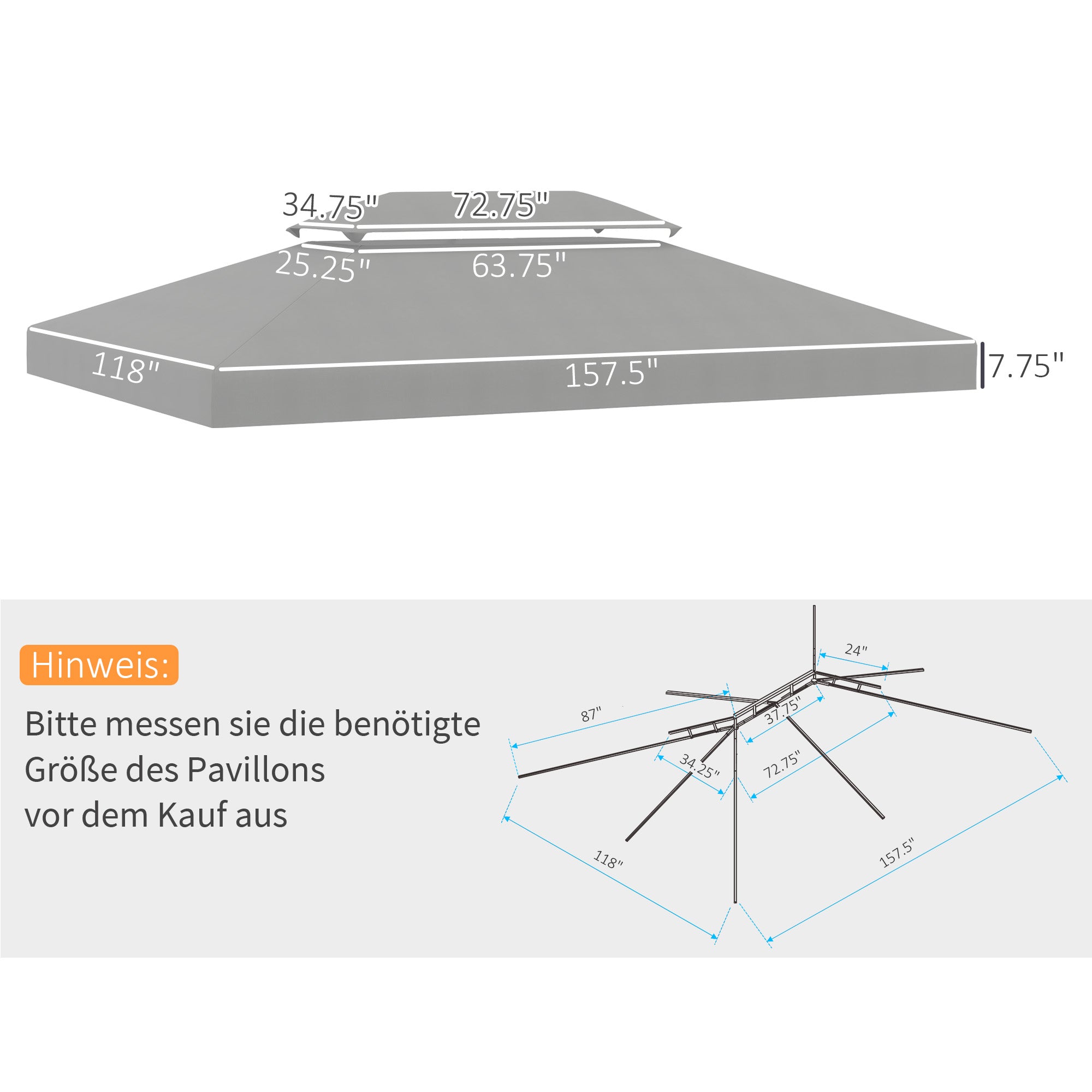 Replacement Roof for Metal Pavilion 3x4m Water-Resistant Pavilion Roof with Double Roof, Replacement Cover for Garden Pavilion Party Tent Gazebo Polyester Light Gray