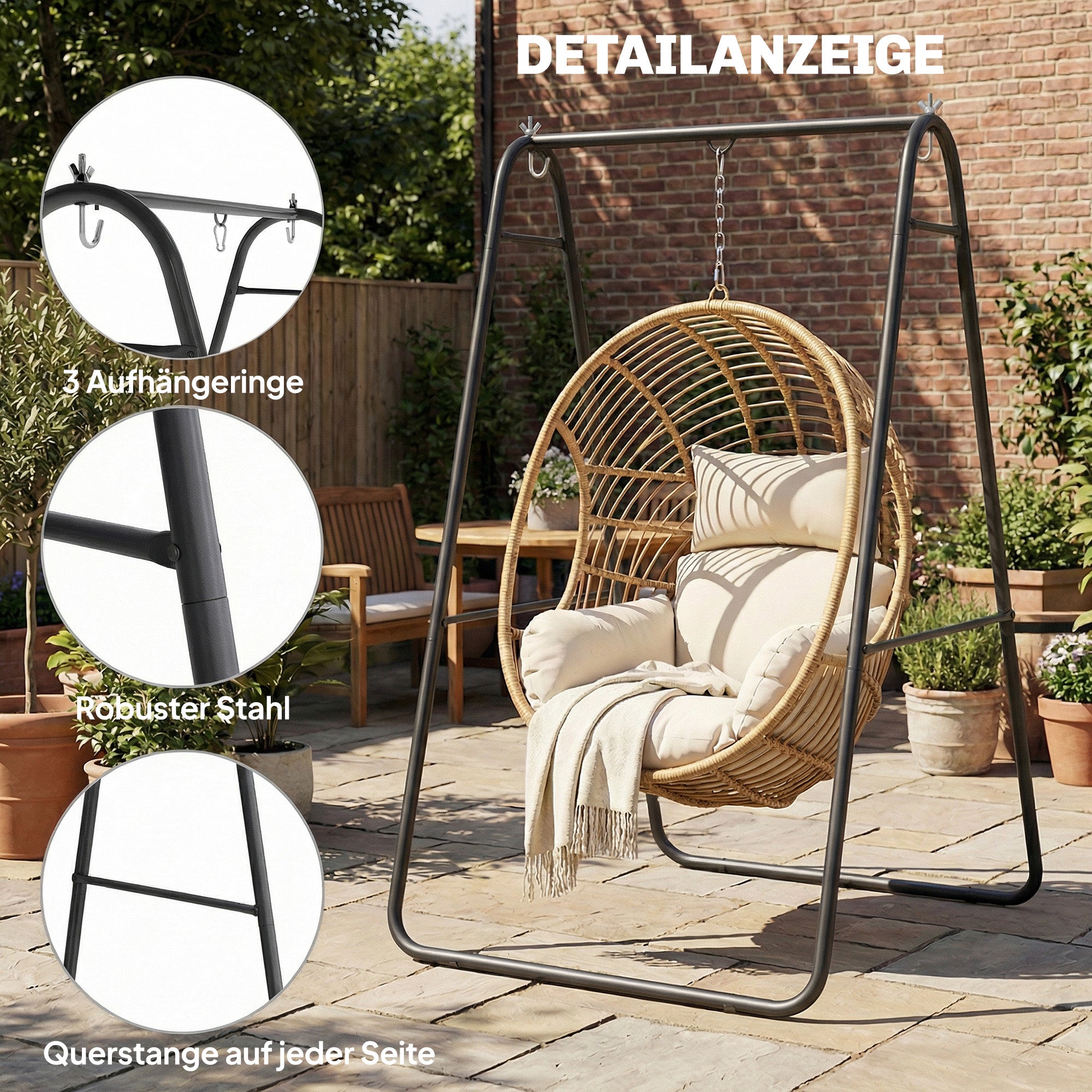 A-Frame Hanging Chair Stand — Steel Frame for Hanging Basket/Chair, Up to 150 kg (330 lb), Indoor & Outdoor, Black