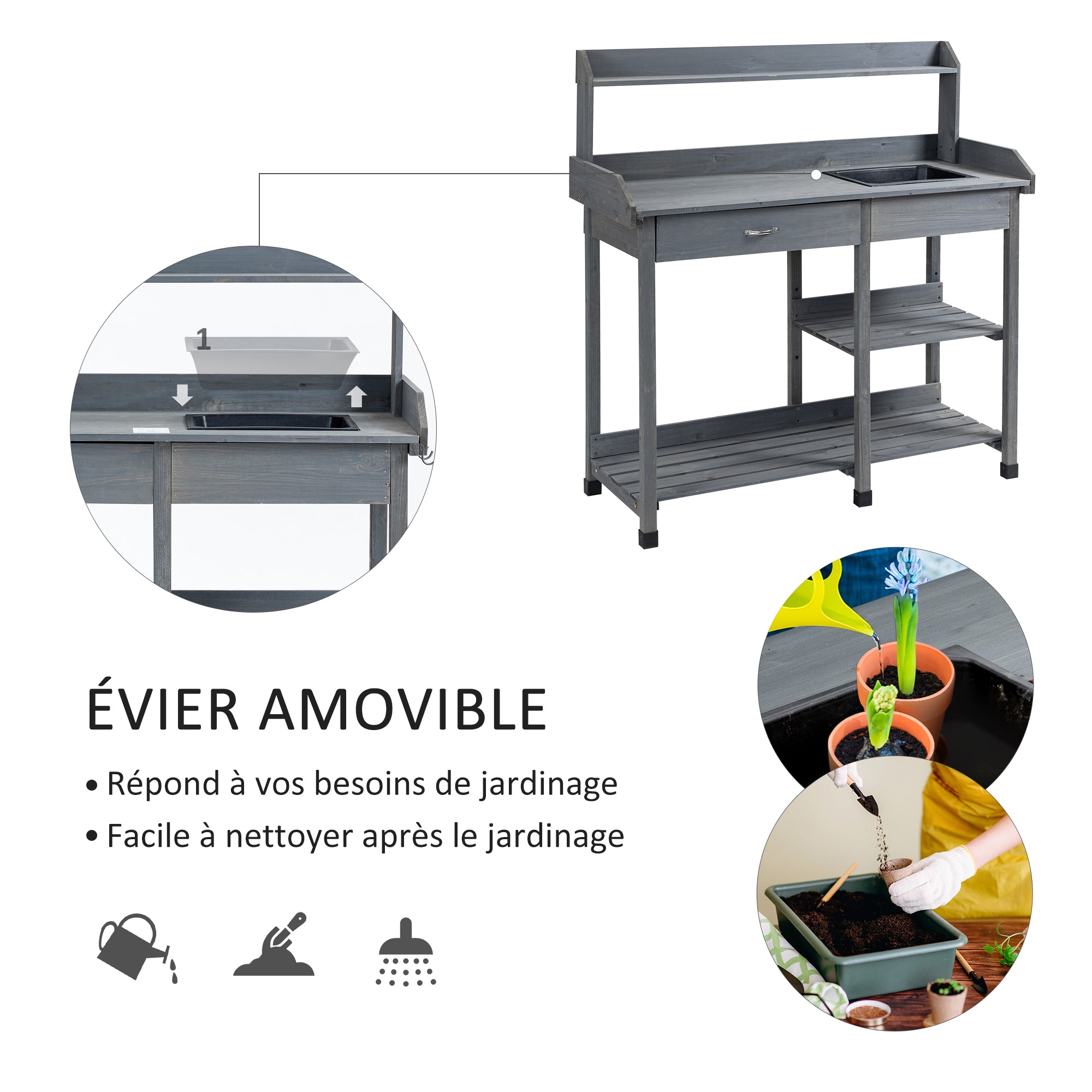Multi-Equipped Repotting Table Gardening Table with Drawer, 3 Shelves, Sink, 3 Hooks - Gray Pre-Oiled Spruce Wood Planting Table
