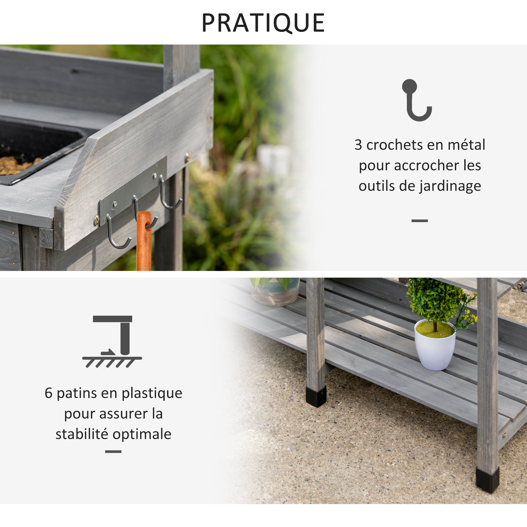 Multi-Equipped Repotting Table Gardening Table with Drawer, 3 Shelves, Sink, 3 Hooks - Gray Pre-Oiled Spruce Wood Planting Table
