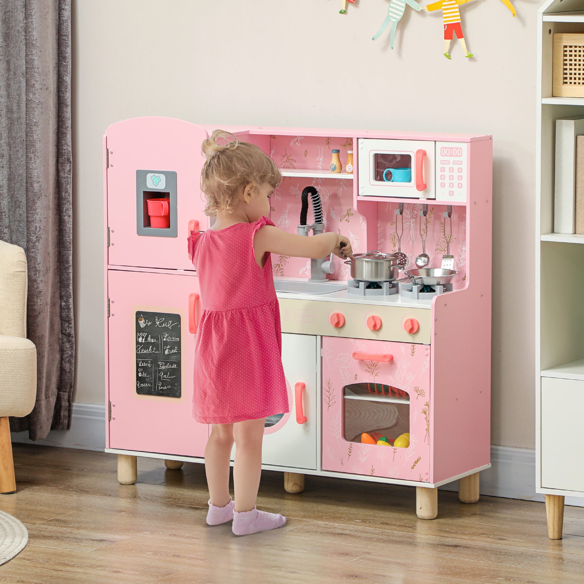 Toy Kitchen for Children +3 Years Wooden Children's Kitchen Play Kitchen with Sound Stove Oven Faucet Sink Microwave Washer Ice Machine and Accessories Pink