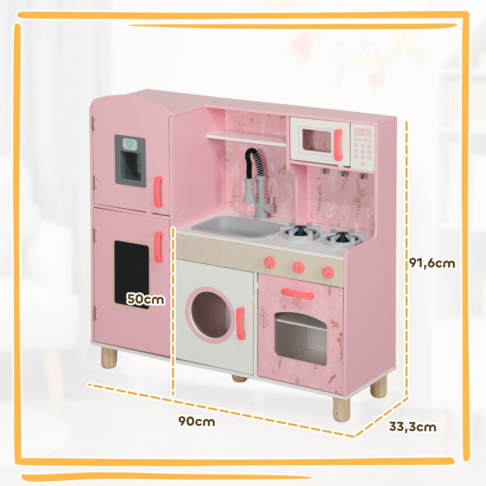 Toy Kitchen for Children +3 Years Wooden Children's Kitchen Play Kitchen with Sound Stove Oven Faucet Sink Microwave Washer Ice Machine and Accessories Pink