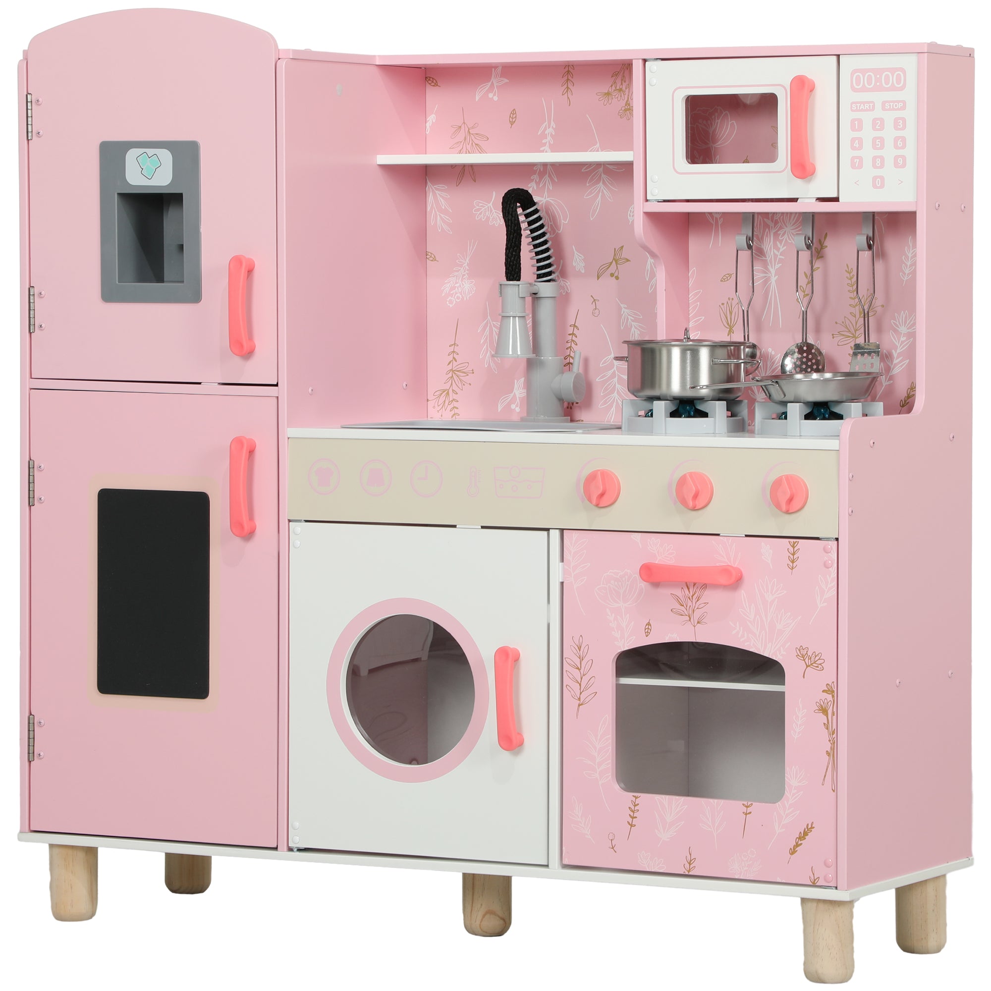 Toy Kitchen for Children +3 Years Wooden Children's Kitchen Play Kitchen with Sound Stove Oven Faucet Sink Microwave Washer Ice Machine and Accessories Pink
