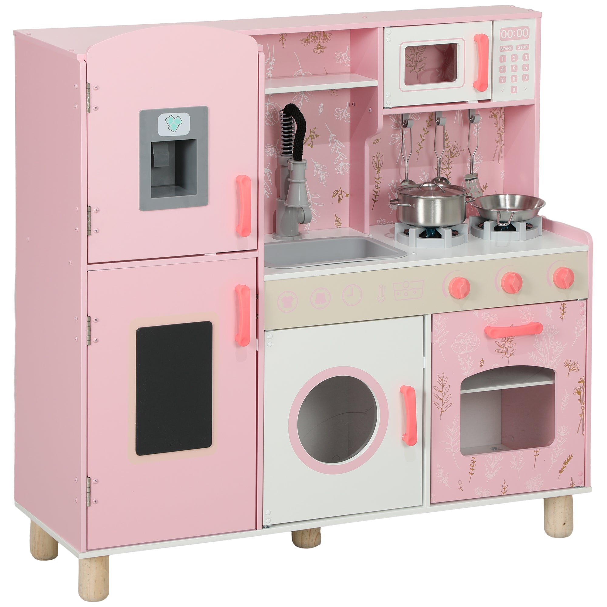 Toy Kitchen for Children +3 Years Wooden Children's Kitchen Play Kitchen with Sound Stove Oven Faucet Sink Microwave Washer Ice Machine and Accessories Pink