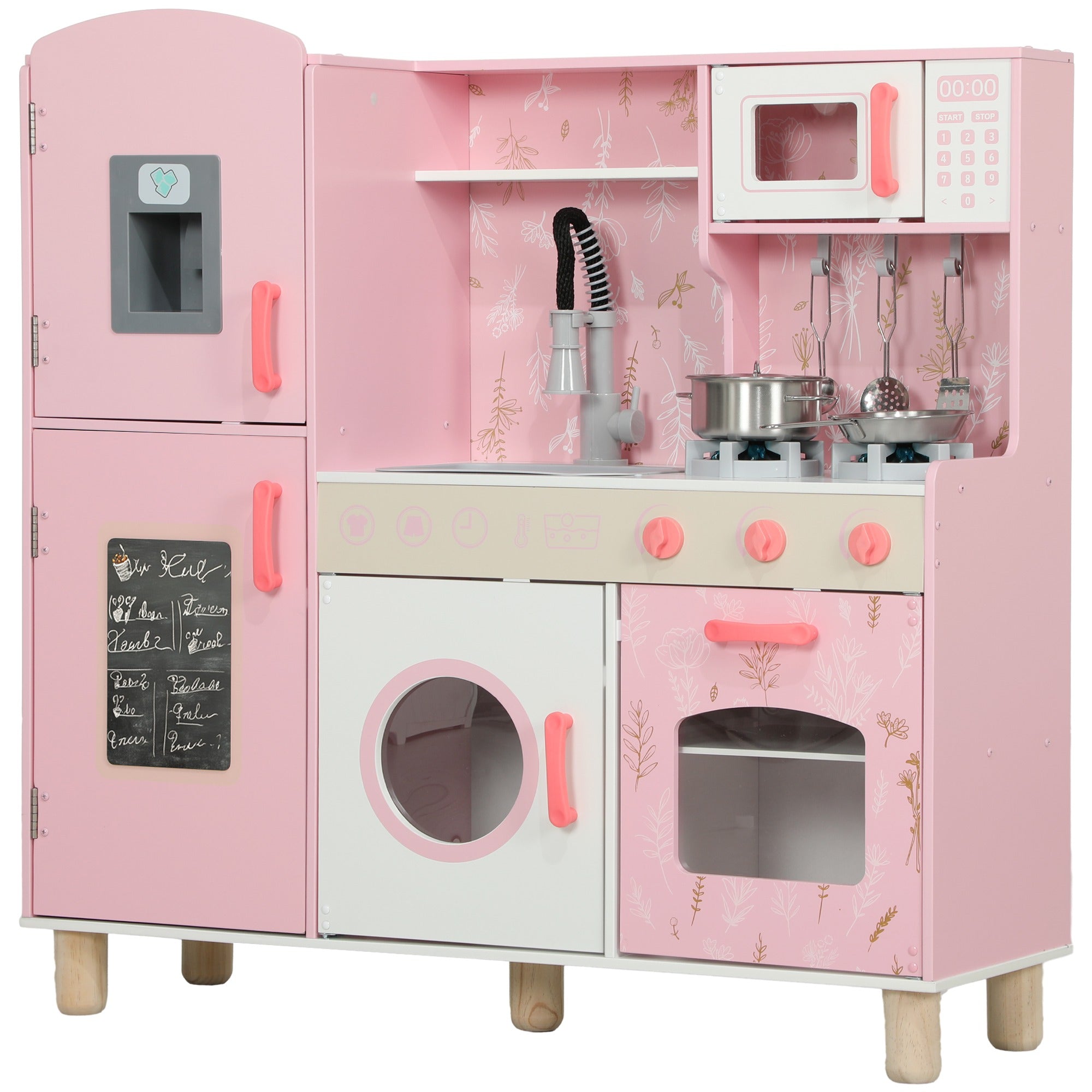 Toy Kitchen for Children +3 Years Wooden Children's Kitchen Play Kitchen with Sound Stove Oven Faucet Sink Microwave Washer Ice Machine and Accessories Pink