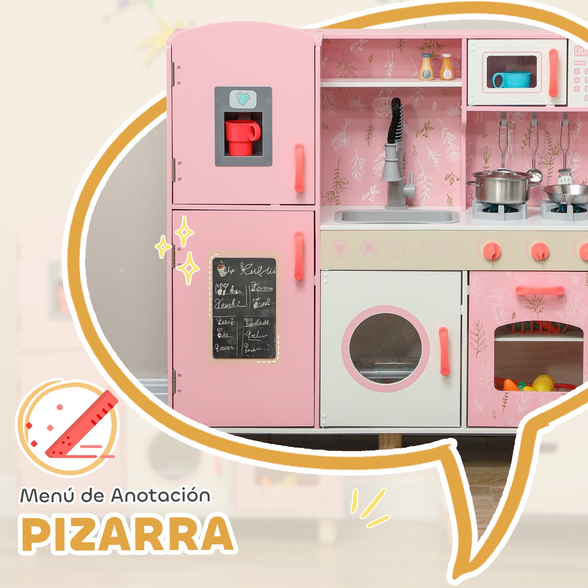Toy Kitchen for Children +3 Years Wooden Children's Kitchen Play Kitchen with Sound Stove Oven Faucet Sink Microwave Washer Ice Machine and Accessories Pink