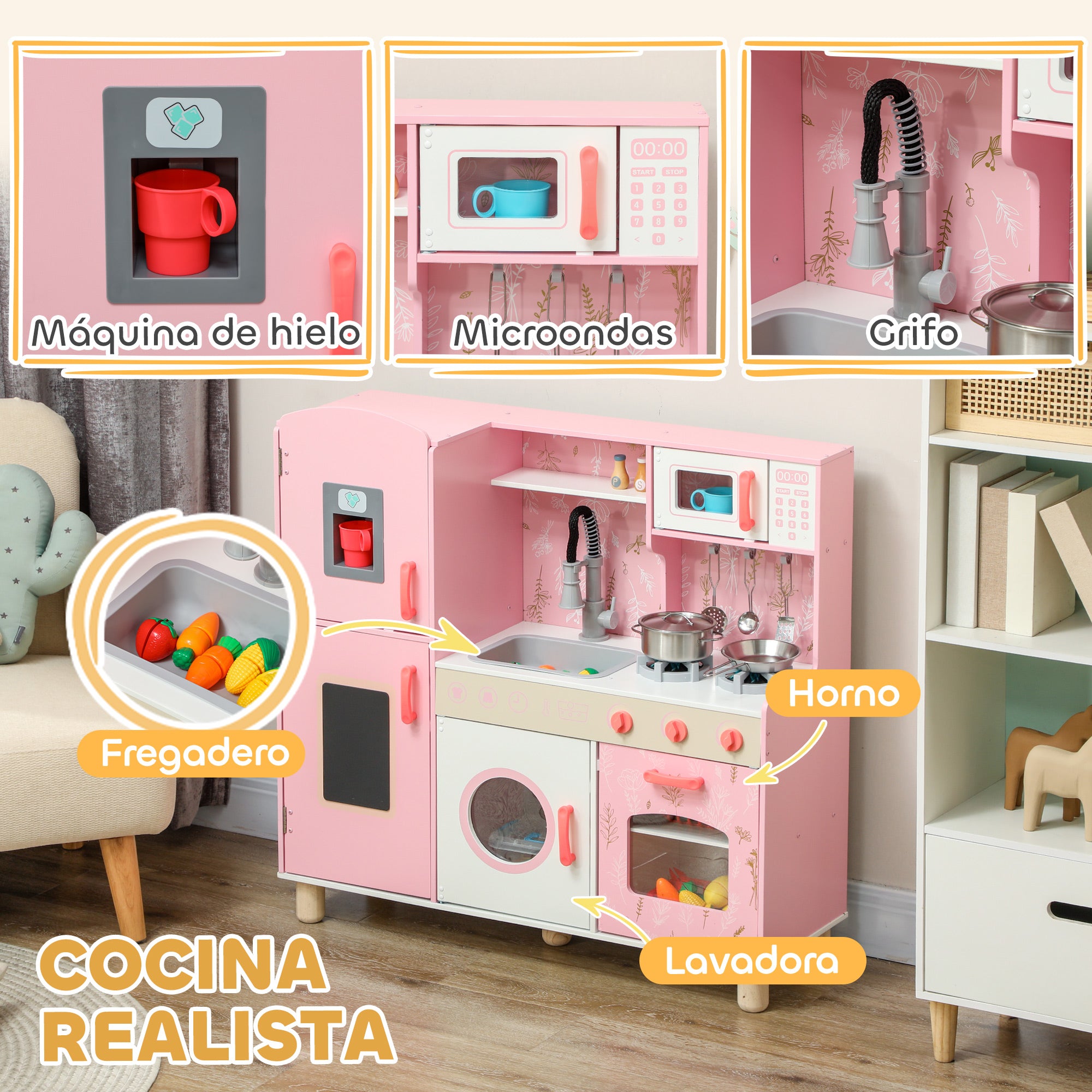 Toy Kitchen for Children +3 Years Wooden Children's Kitchen Play Kitchen with Sound Stove Oven Faucet Sink Microwave Washer Ice Machine and Accessories Pink