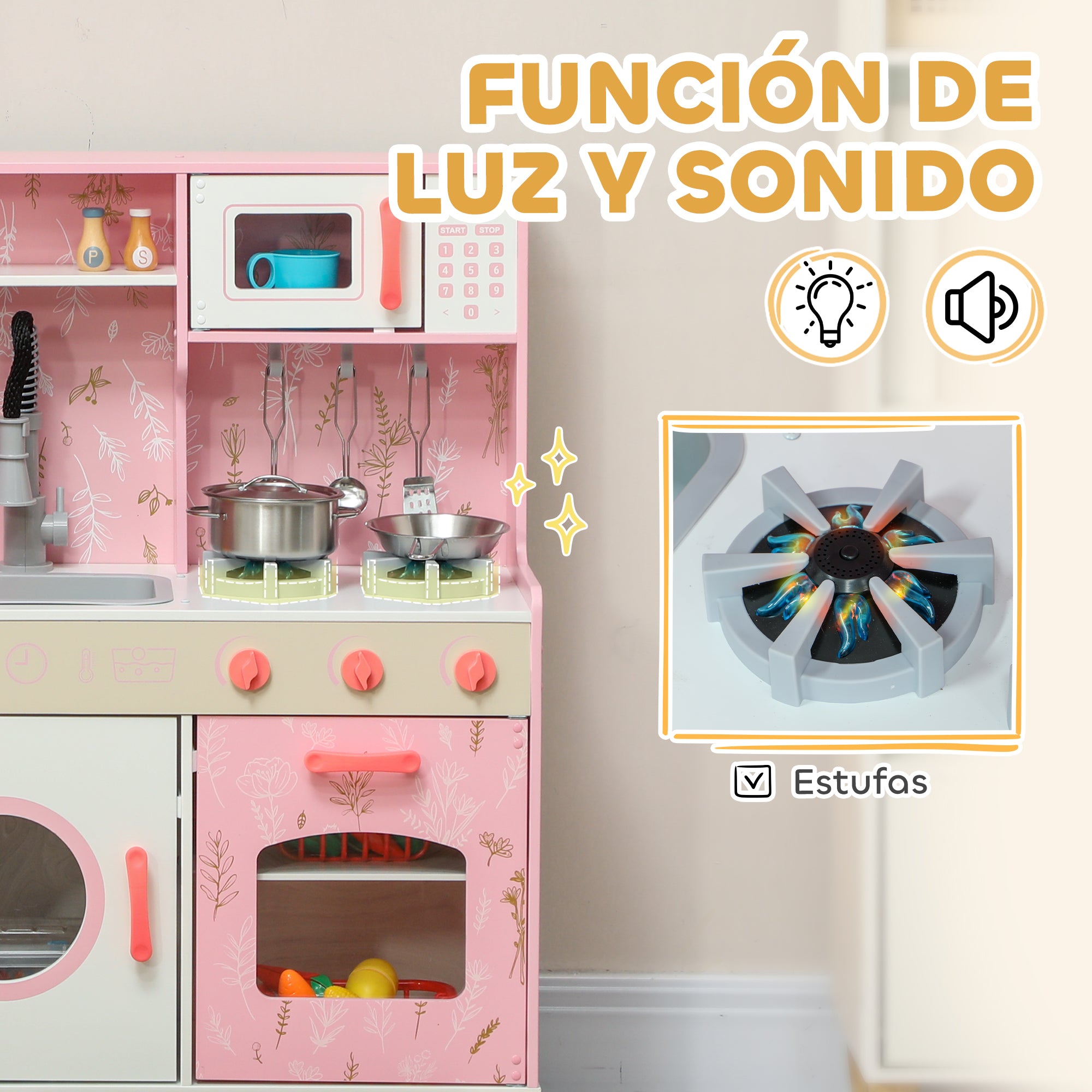 Toy Kitchen for Children +3 Years Wooden Children's Kitchen Play Kitchen with Sound Stove Oven Faucet Sink Microwave Washer Ice Machine and Accessories Pink