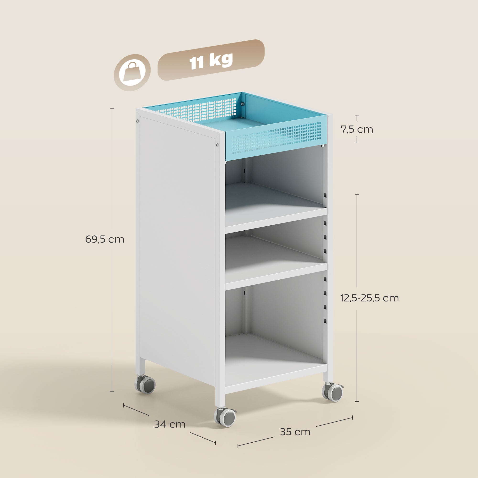 4-Tier Rolling Bookshelf with Top Basket & Adjustable Shelves, White