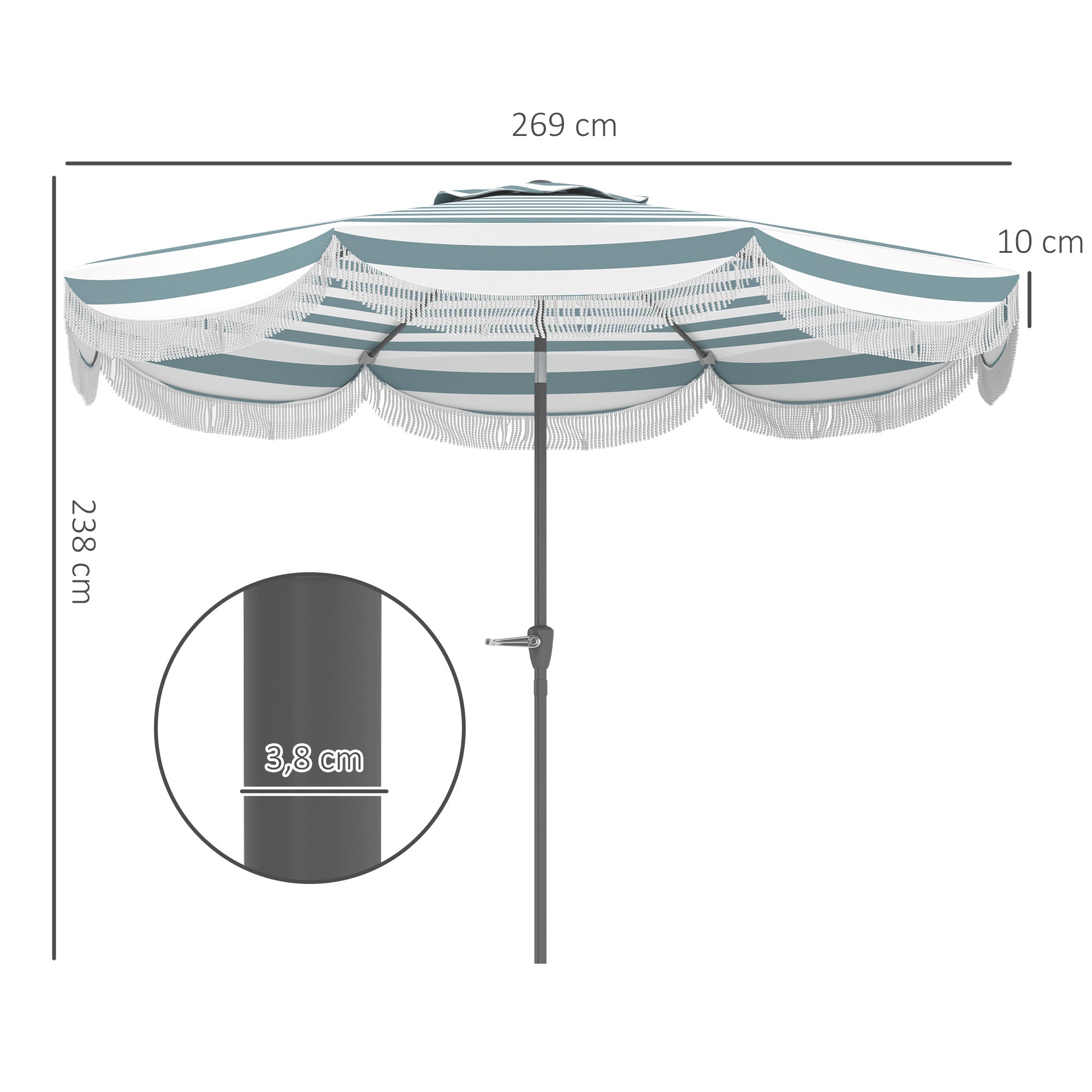 Outdoor Garden Parasol Tilted Round Umbrella Ø2.7 x 2.4 m Straight Umbrella with Crank Opening and Closing, Fringes, 180 g/m² UV Protection UPF 30+, for Balcony, Terrace, Blue