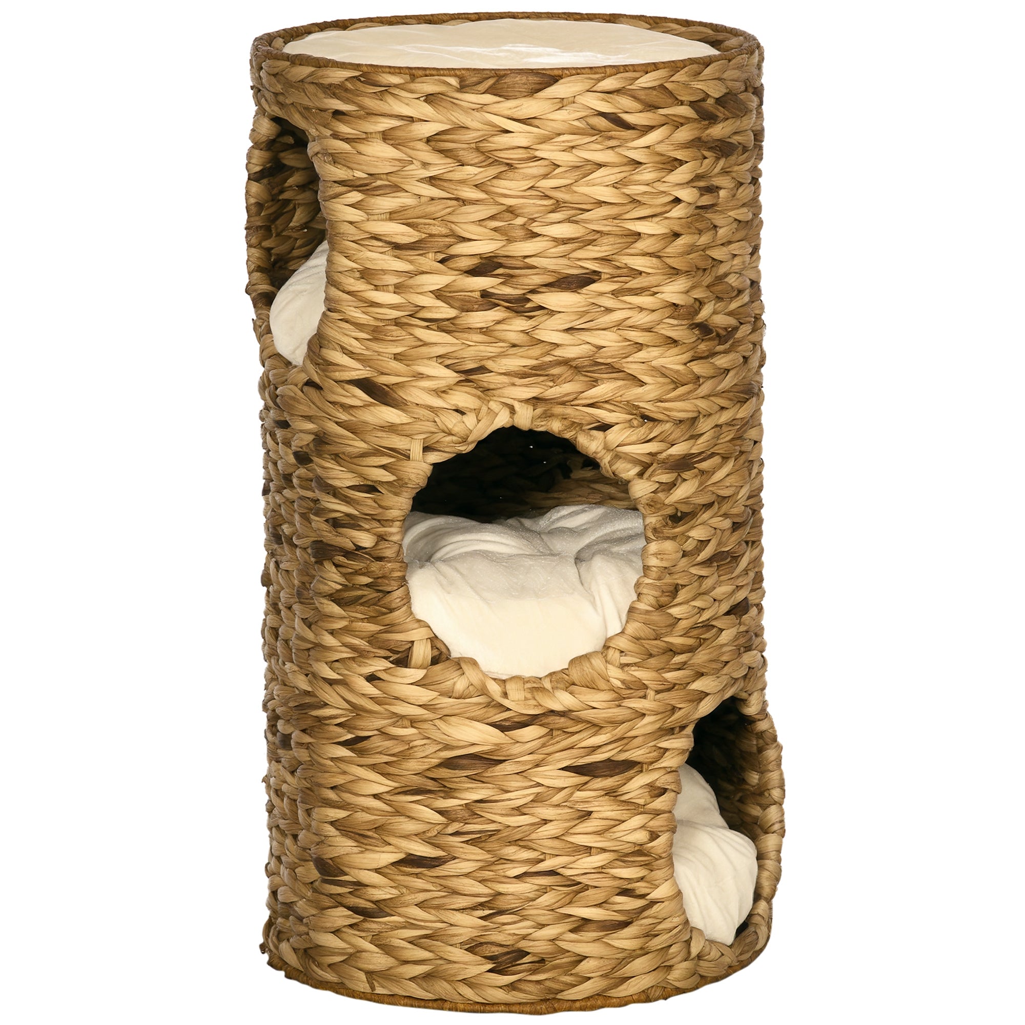 Scratching Post, 73 cm High Cat Tower with 3 Caves, Scratching Post with Cushion, Cat Tower Made of Water Hyacinth, for Cats up to 3.5 kg, Light Brown