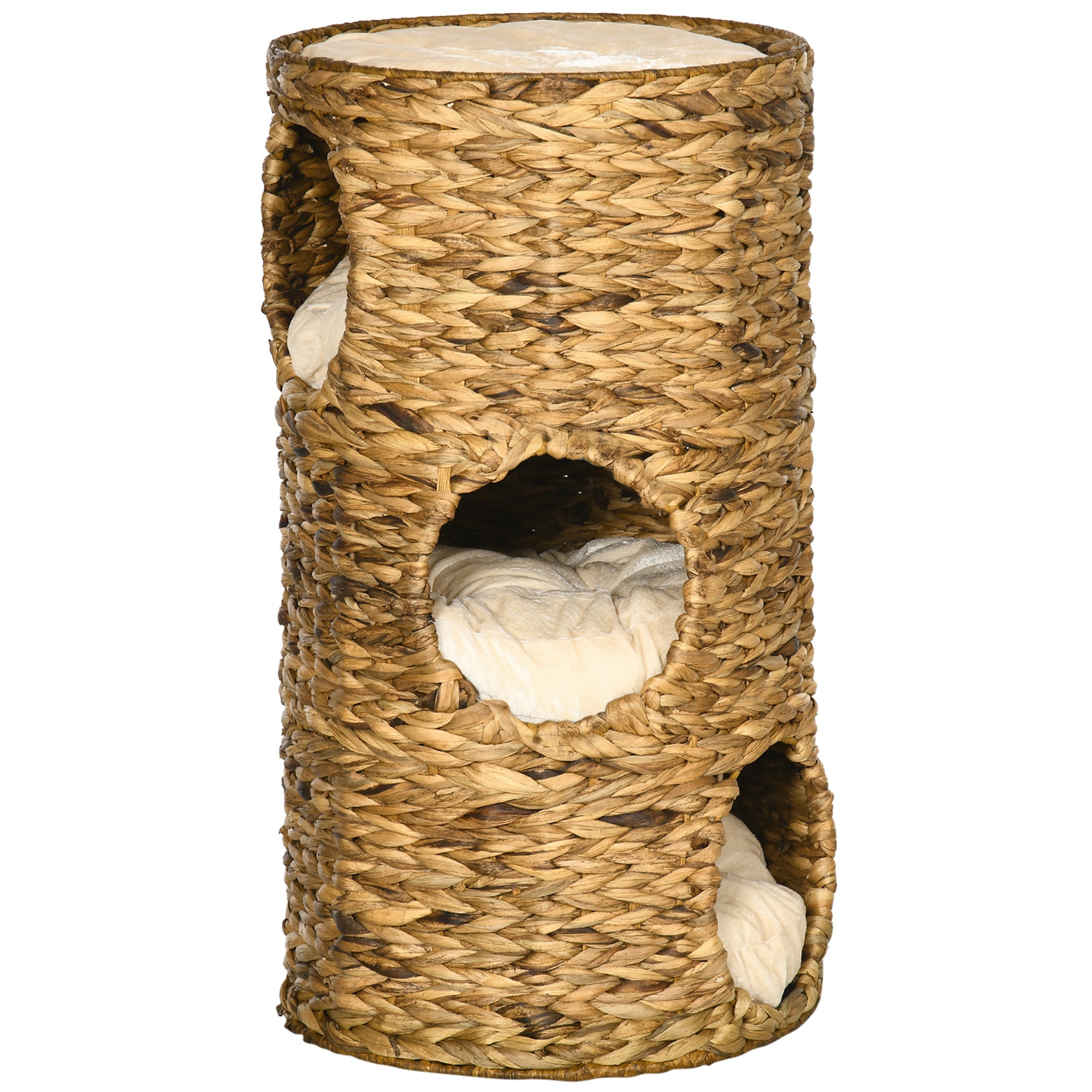 Scratching Post, 73 cm High Cat Tower with 3 Caves, Scratching Post with Cushion, Cat Tower Made of Water Hyacinth, for Cats up to 3.5 kg, Light Brown