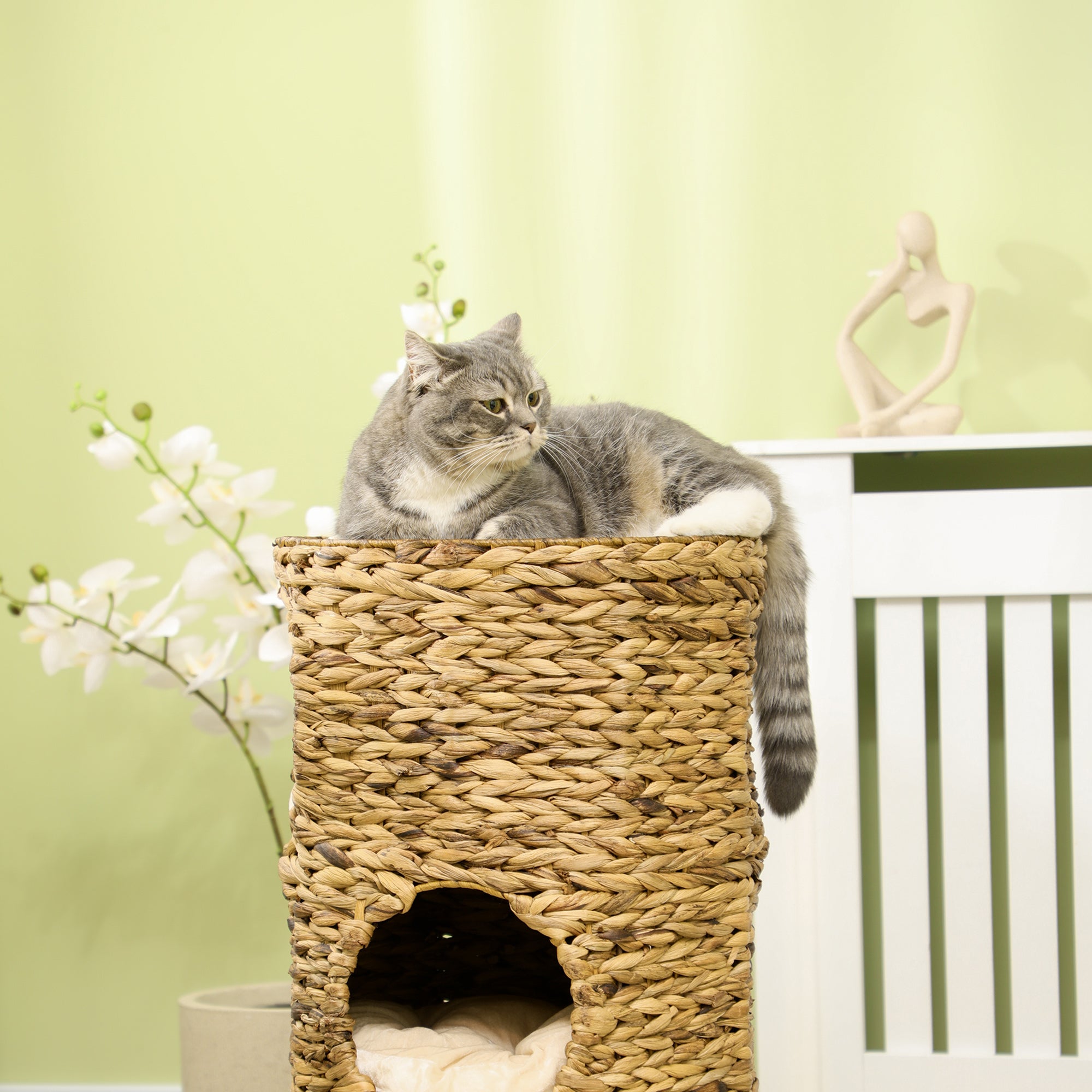 Scratching Post, 73 cm High Cat Tower with 3 Caves, Scratching Post with Cushion, Cat Tower Made of Water Hyacinth, for Cats up to 3.5 kg, Light Brown