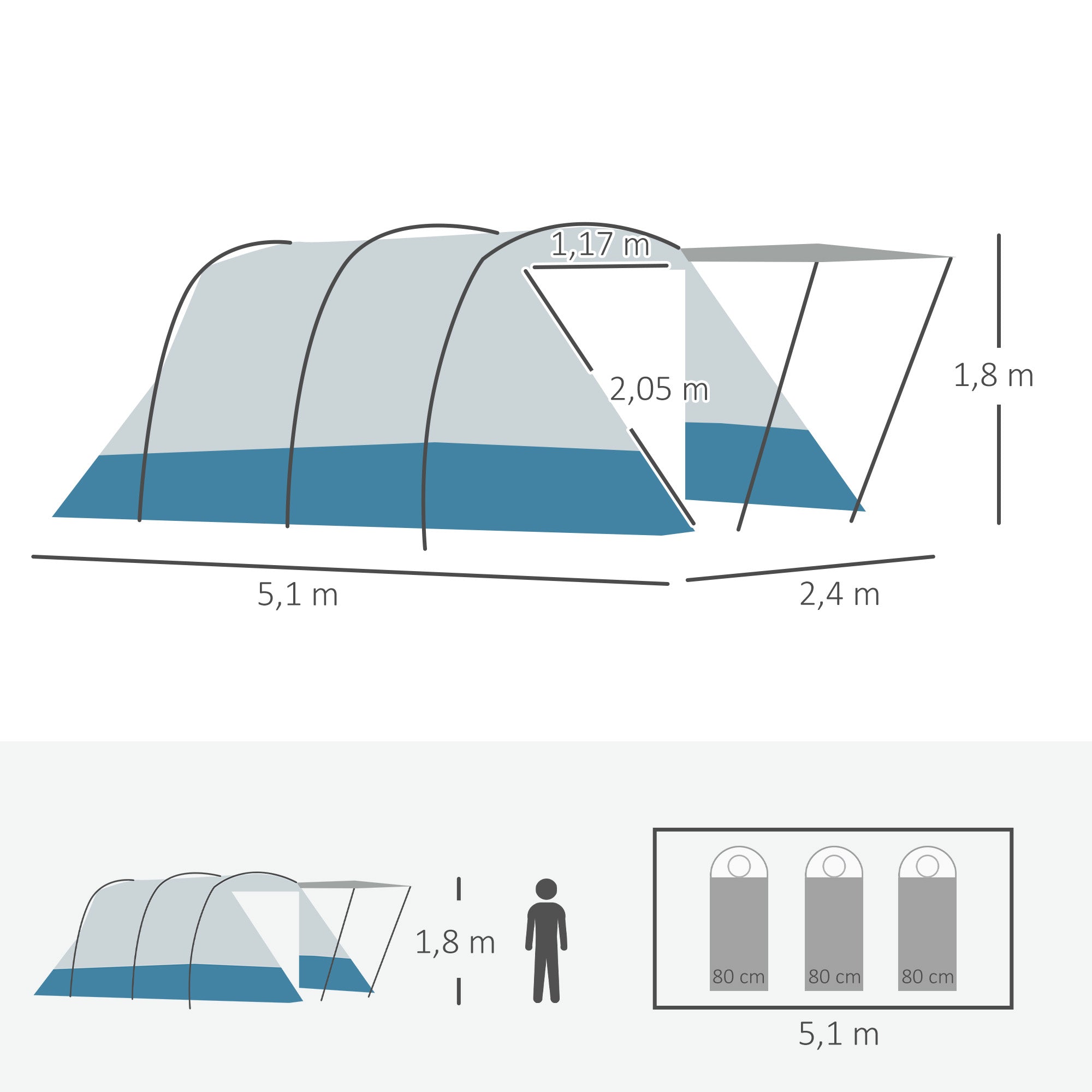Tunnel Tent for 8 Persons, Camping Tent with Sleeping Cabin, Living Room, Family Tent with Carrying Bag, Groundsheet, Group Tent with 3 Doors, 2000 mm Hydrostatic Head, Blue