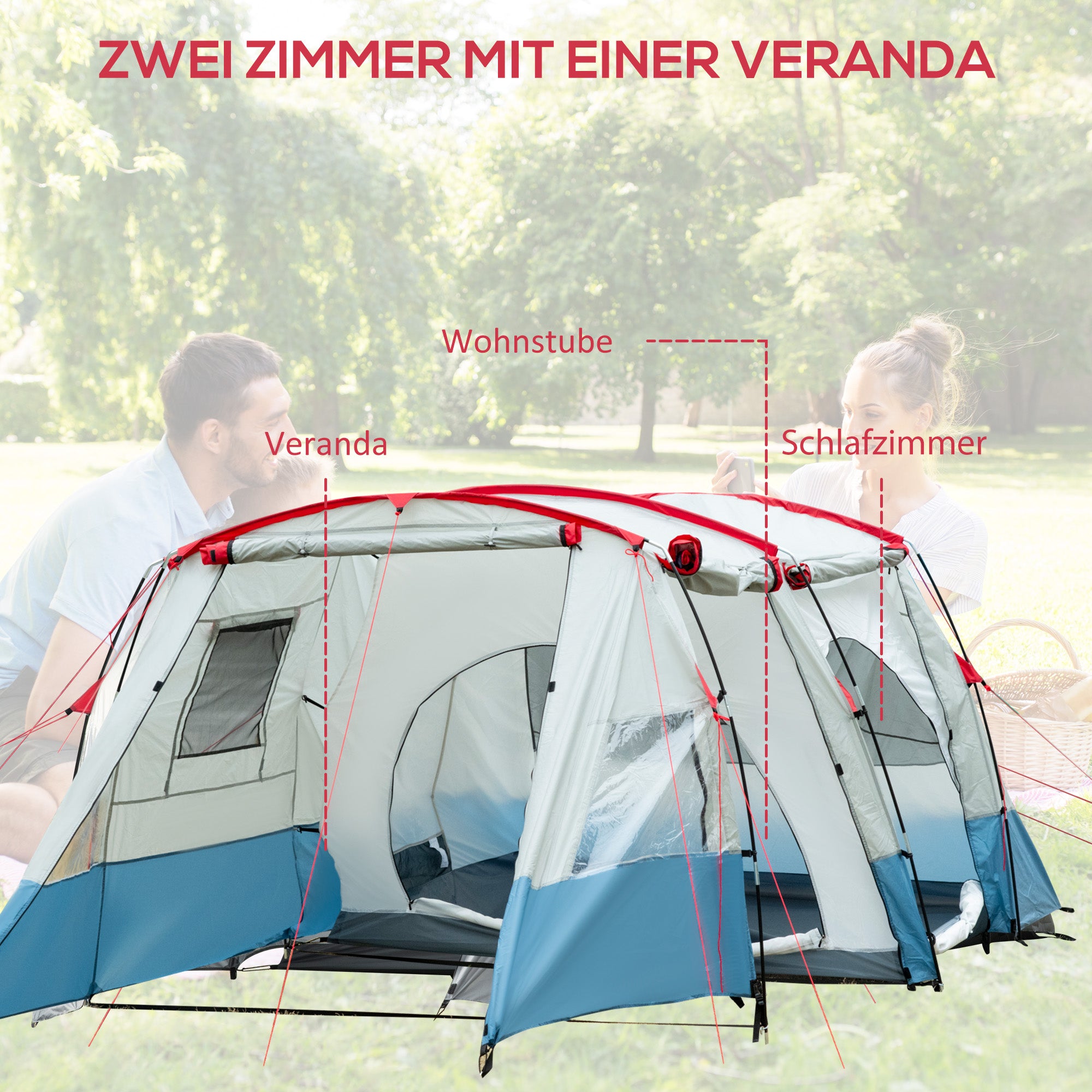 Tunnel Tent for 8 Persons, Camping Tent with Sleeping Cabin, Living Room, Family Tent with Carrying Bag, Groundsheet, Group Tent with 3 Doors, 2000 mm Hydrostatic Head, Blue