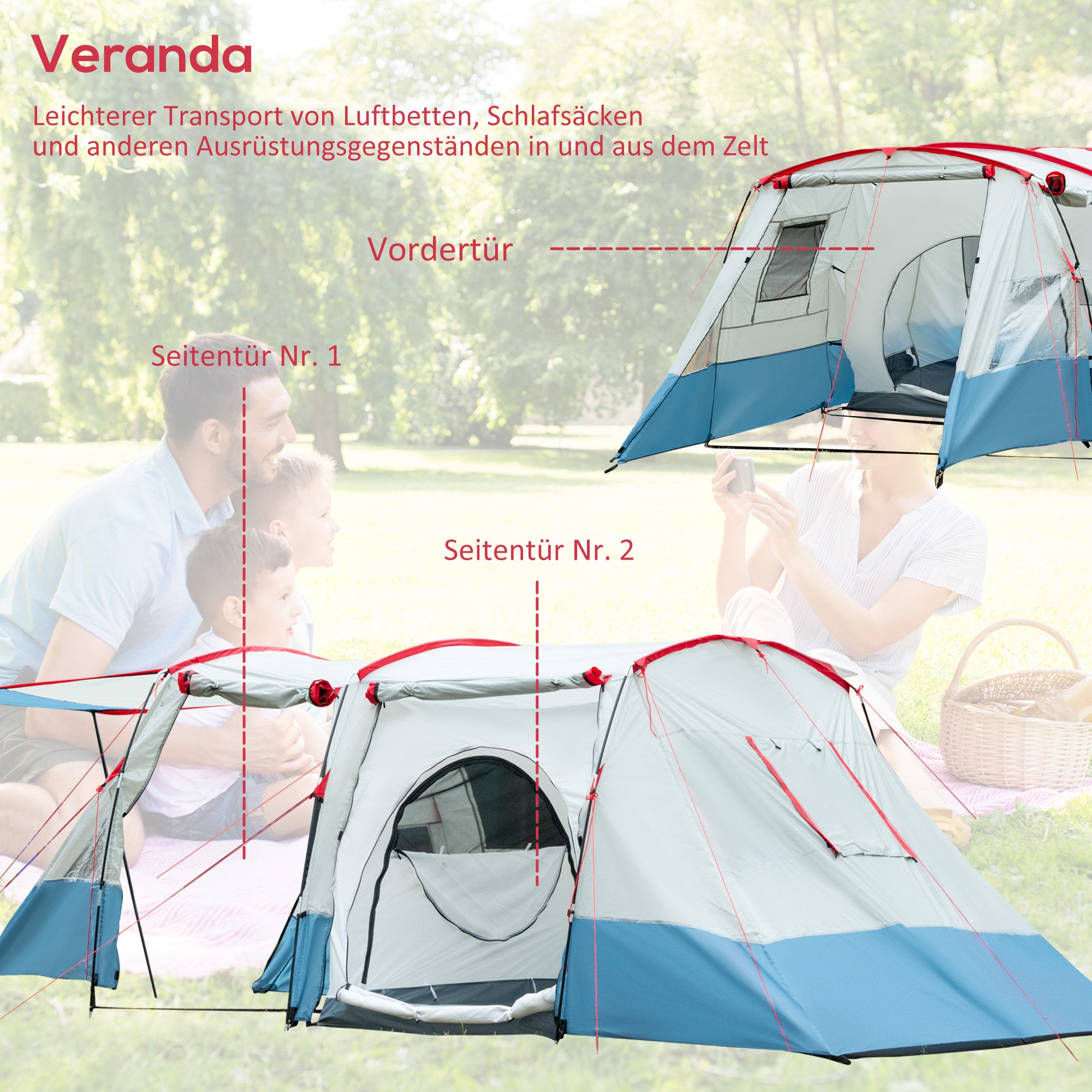 Tunnel Tent for 8 Persons, Camping Tent with Sleeping Cabin, Living Room, Family Tent with Carrying Bag, Groundsheet, Group Tent with 3 Doors, 2000 mm Hydrostatic Head, Blue