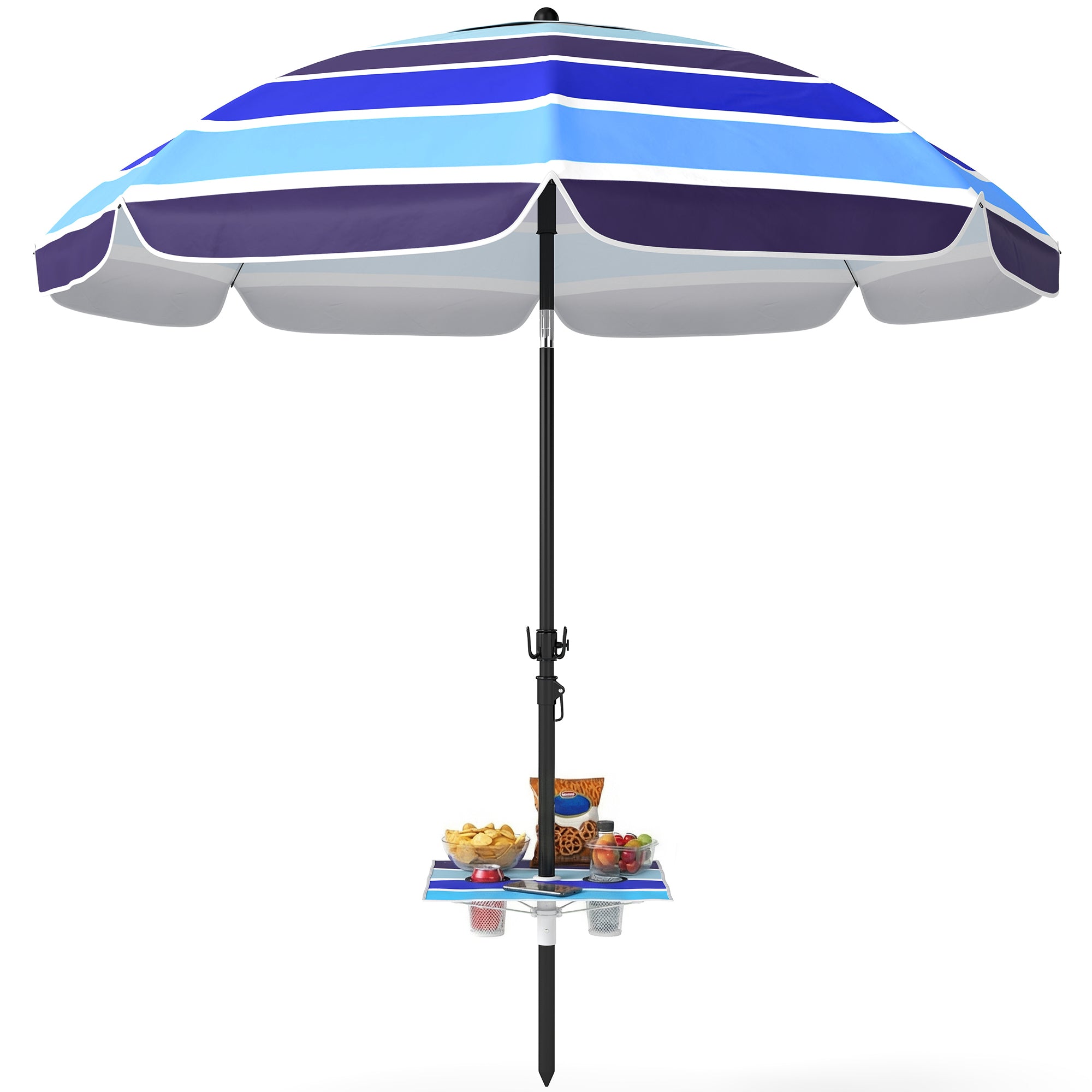 Beach Umbrella Ø78 in (198 cm) UV30+ with Foldable Table & Drink Holders, Adjustable Tilt, Balcony/Travel Parasol with Carry Bag — Multicolor/Black