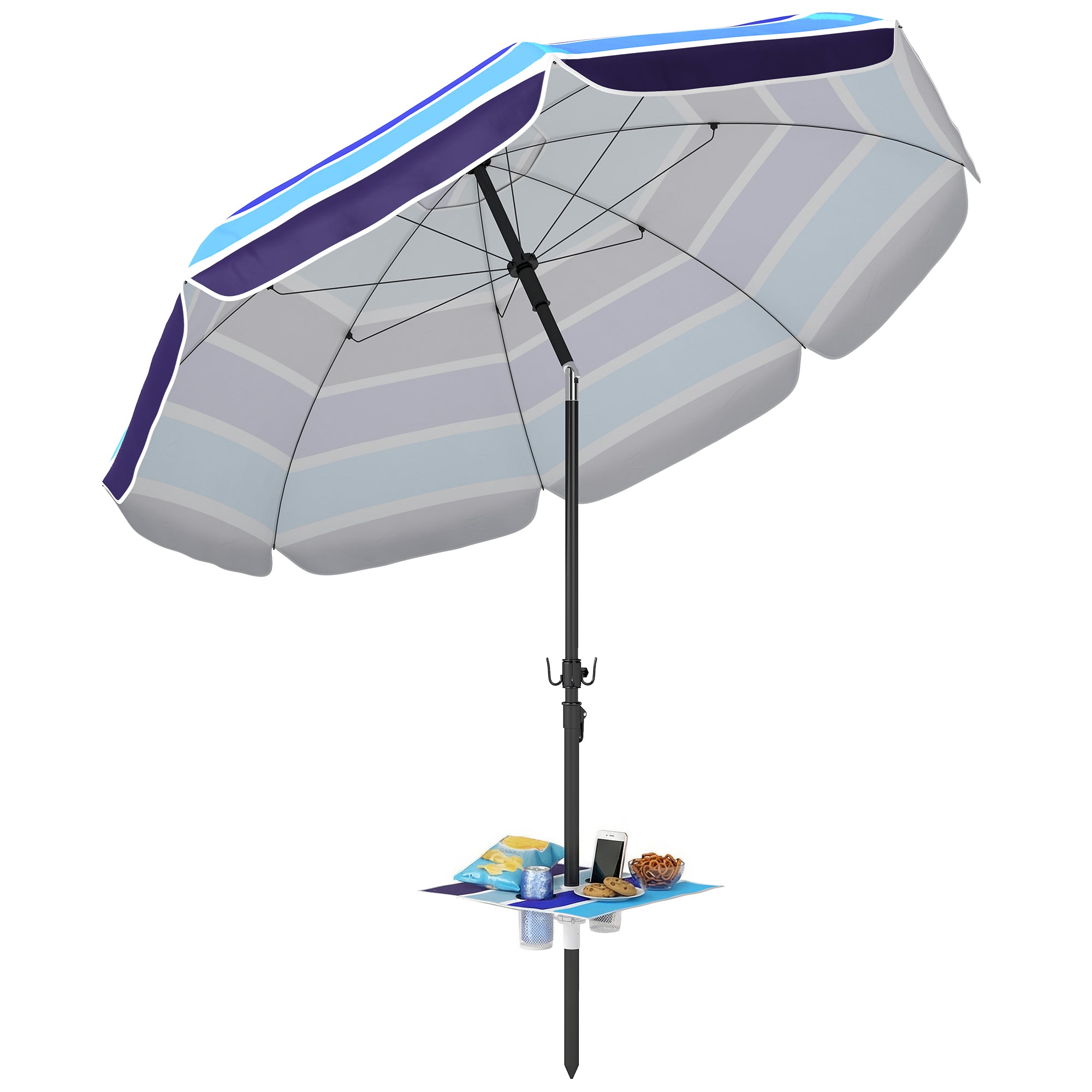 Beach Umbrella Ø78 in (198 cm) UV30+ with Foldable Table & Drink Holders, Adjustable Tilt, Balcony/Travel Parasol with Carry Bag — Multicolor/Black