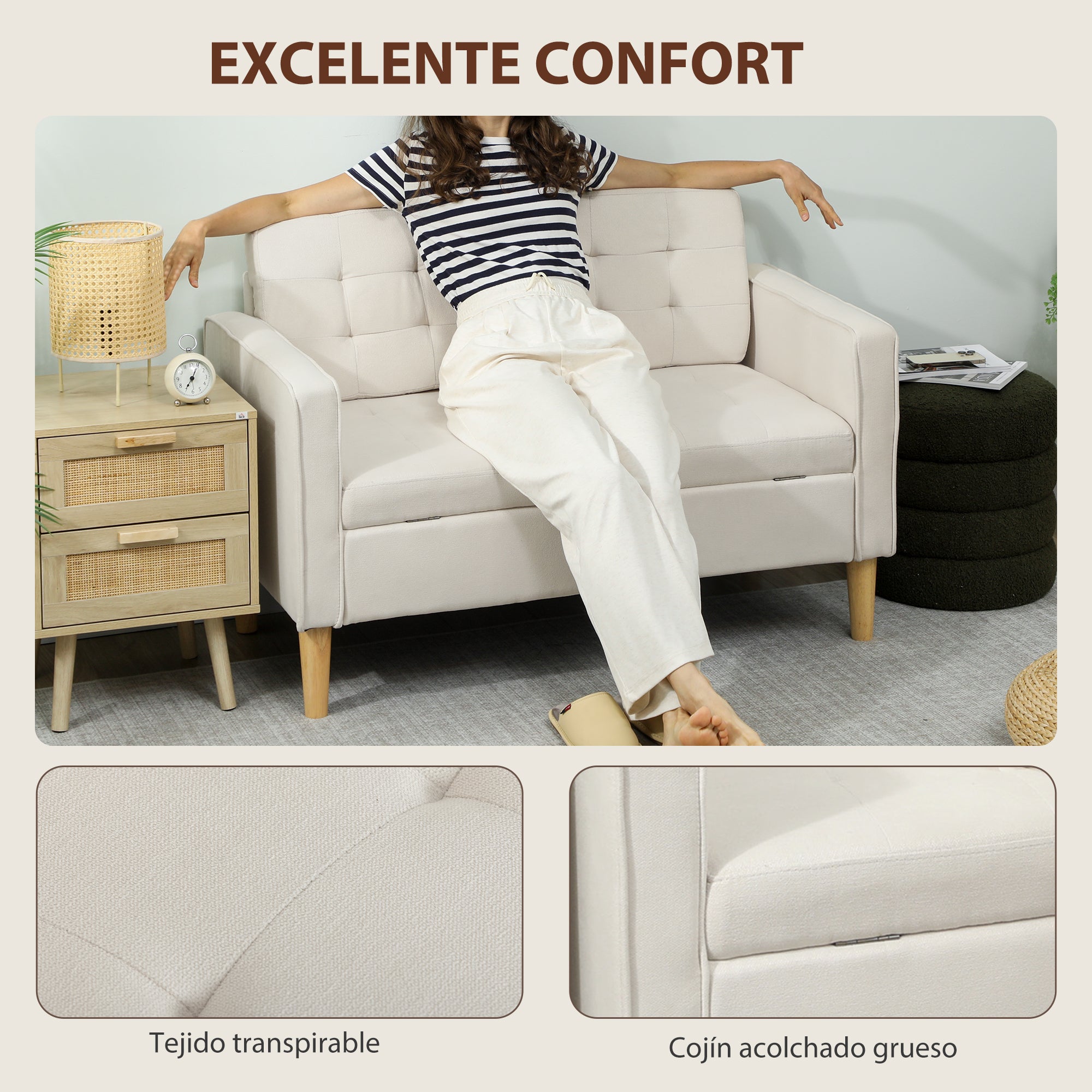 2-Seater Storage Sofa, Velvet-Effect Upholstery with Rubberwood Legs, Button-Tufted Back — 46.1 x 24.4 x 30.7 in, Cream