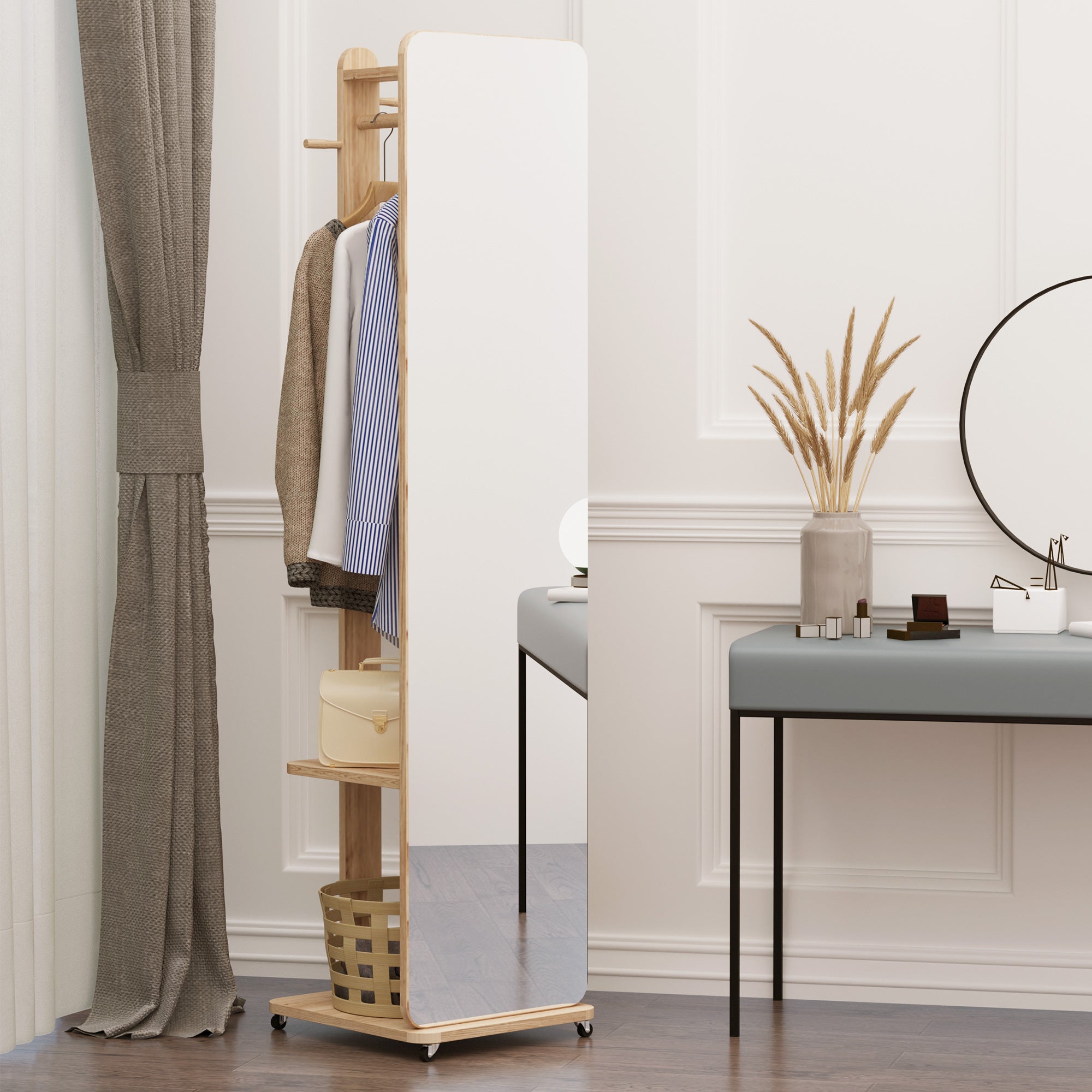 Freestanding Mirror with Wheels - Clothes Rail, 4 Hooks Shelf MDF Light Wood Finish