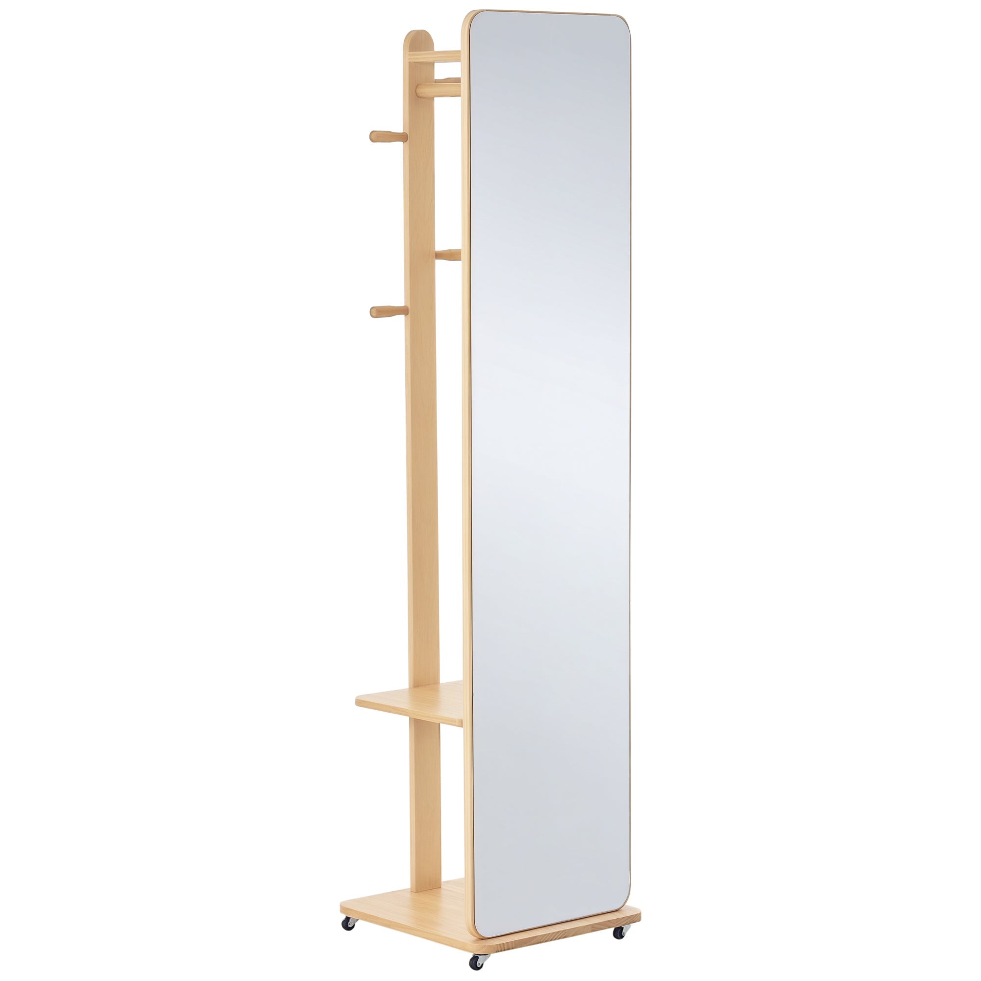 Freestanding Mirror with Wheels - Clothes Rail, 4 Hooks Shelf MDF Light Wood Finish