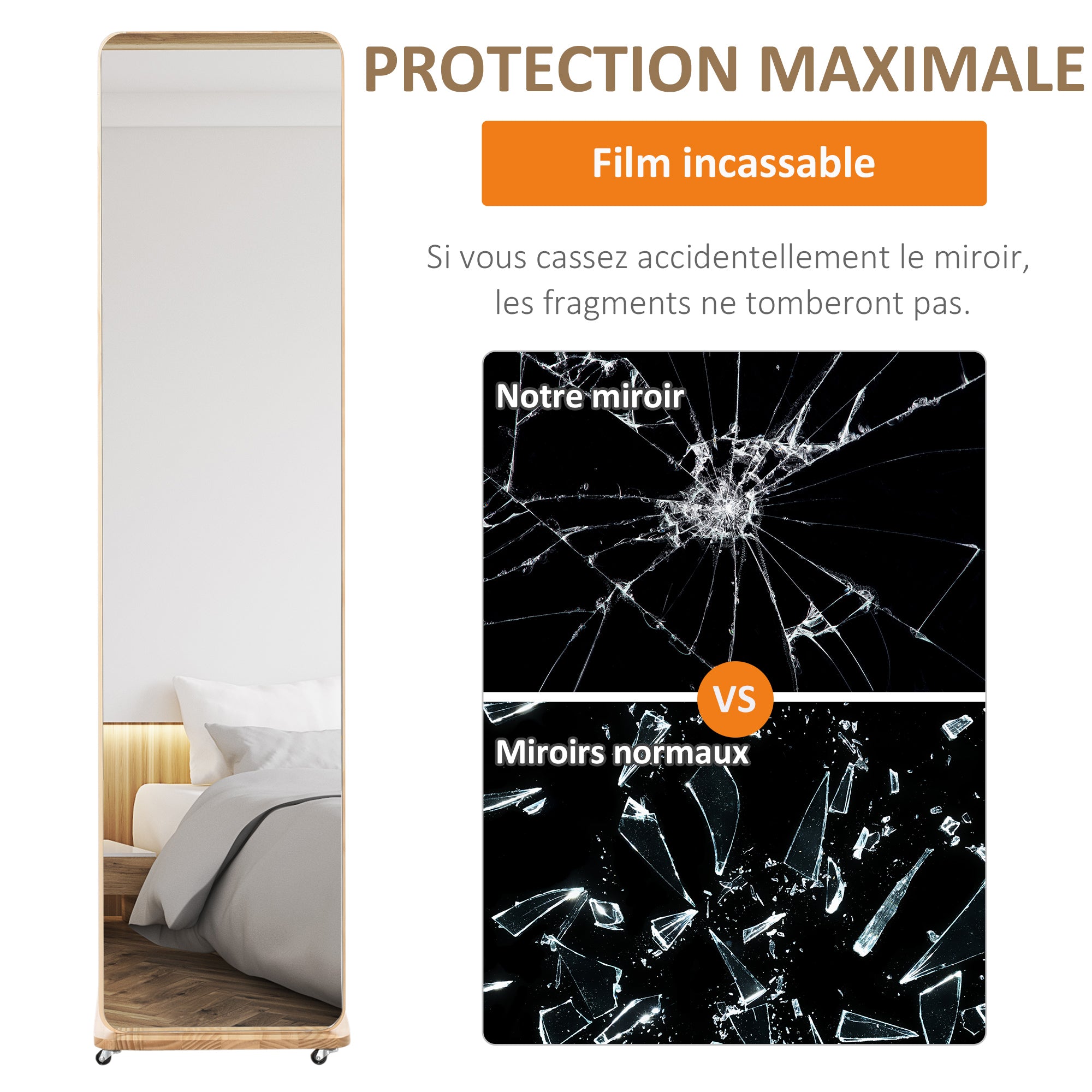 Freestanding Mirror with Wheels - Clothes Rail, 4 Hooks Shelf MDF Light Wood Finish