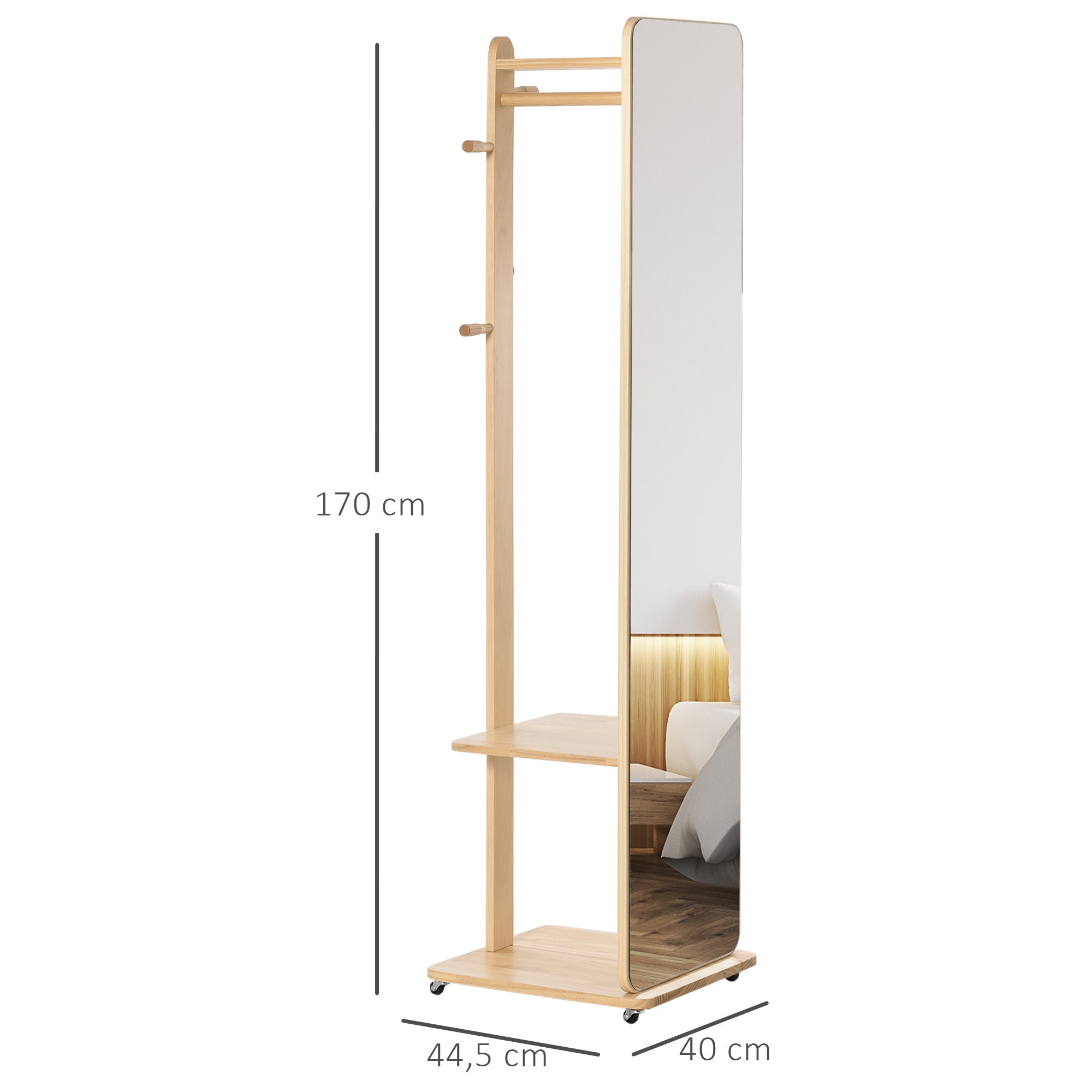Freestanding Mirror with Wheels - Clothes Rail, 4 Hooks Shelf MDF Light Wood Finish