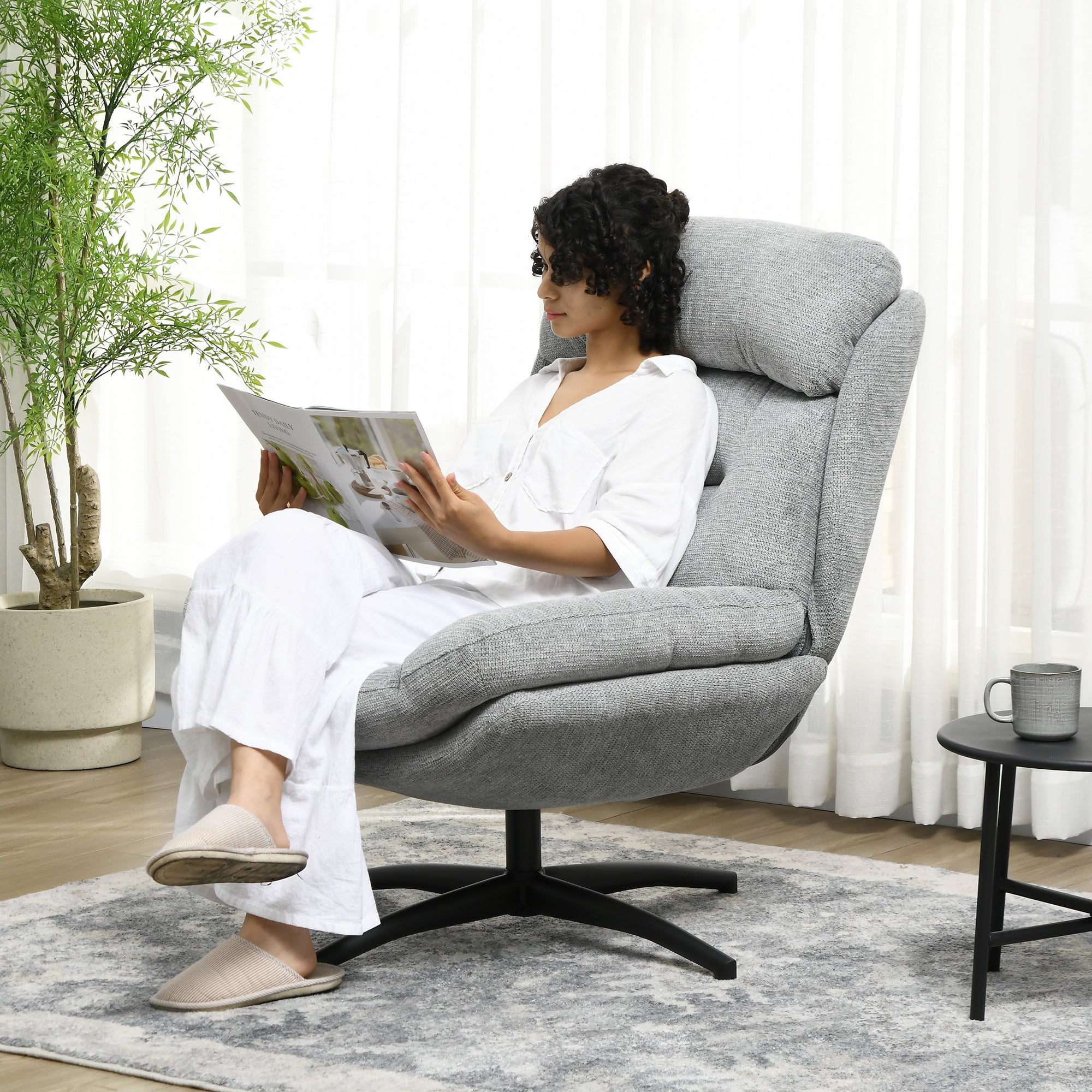 Chair Swivel Lounge Chair with Wide Seat, Integrated Armrest, Upholstered Recliner with Water-Repellent Chenille Look, Steel Legs, for Living Room, Gray