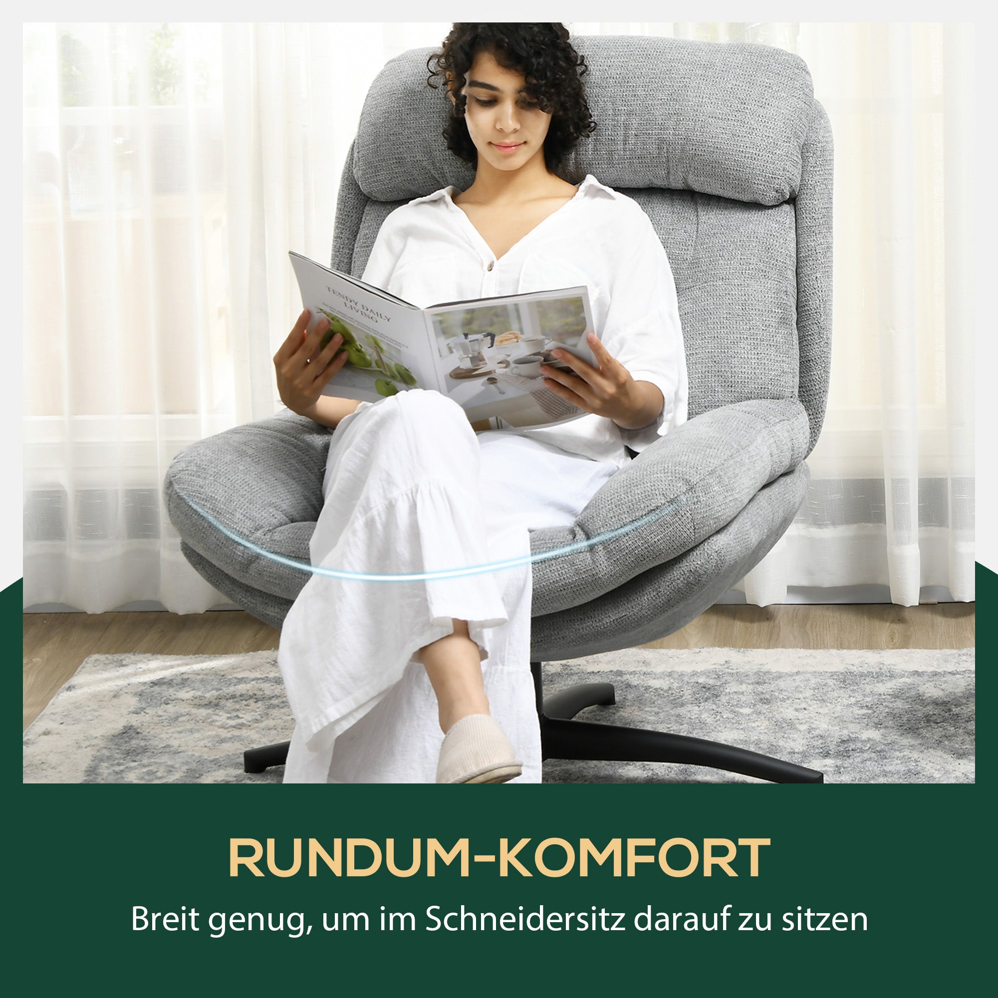 Chair Swivel Lounge Chair with Wide Seat, Integrated Armrest, Upholstered Recliner with Water-Repellent Chenille Look, Steel Legs, for Living Room, Gray