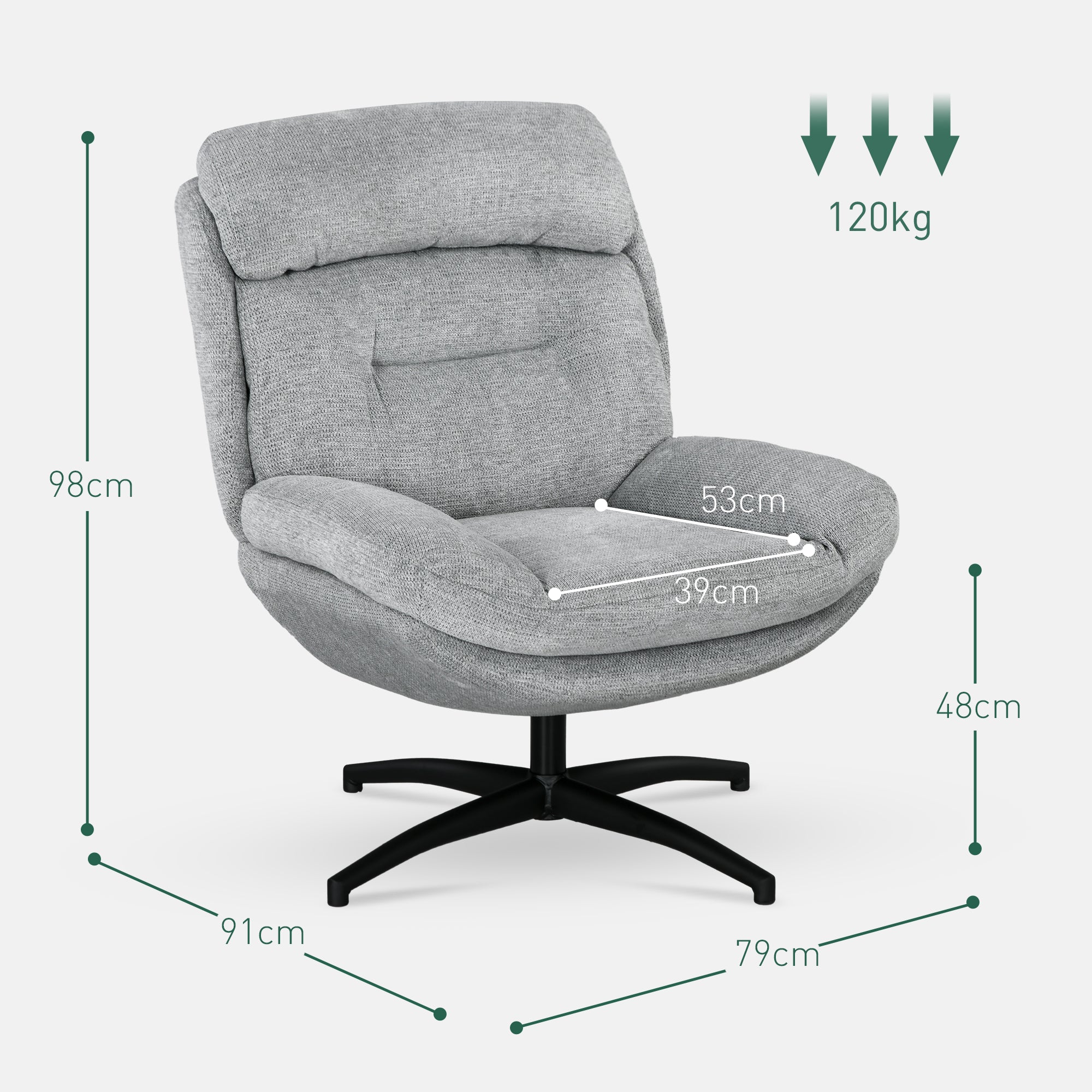 Chair Swivel Lounge Chair with Wide Seat, Integrated Armrest, Upholstered Recliner with Water-Repellent Chenille Look, Steel Legs, for Living Room, Gray