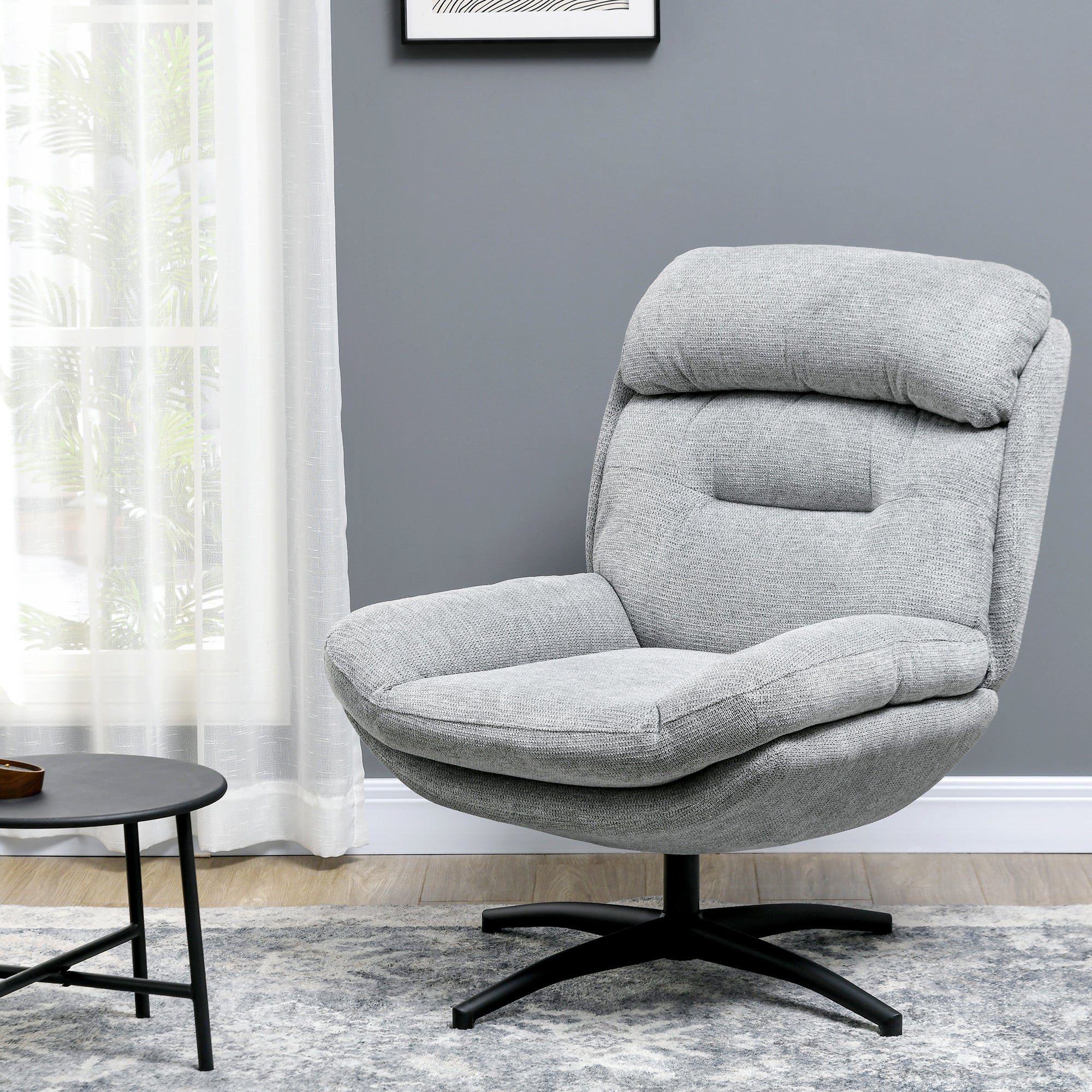 Chair Swivel Lounge Chair with Wide Seat, Integrated Armrest, Upholstered Recliner with Water-Repellent Chenille Look, Steel Legs, for Living Room, Gray