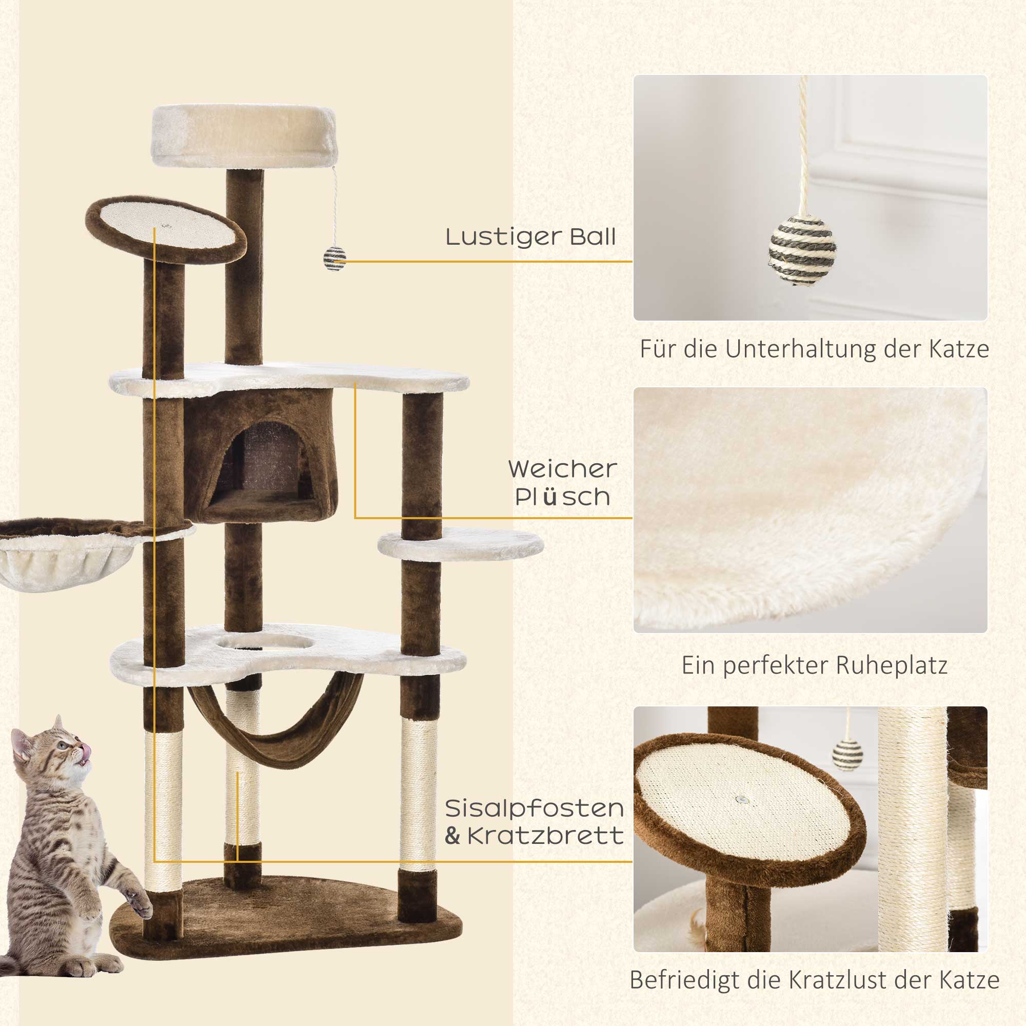 Scratching Tree with Cat Cave Hammock XXL Cat Tree Climbing Tree Climbing Tree for Cats Multi-Activity Center Plush Brown 65 x 50 x 153 cm