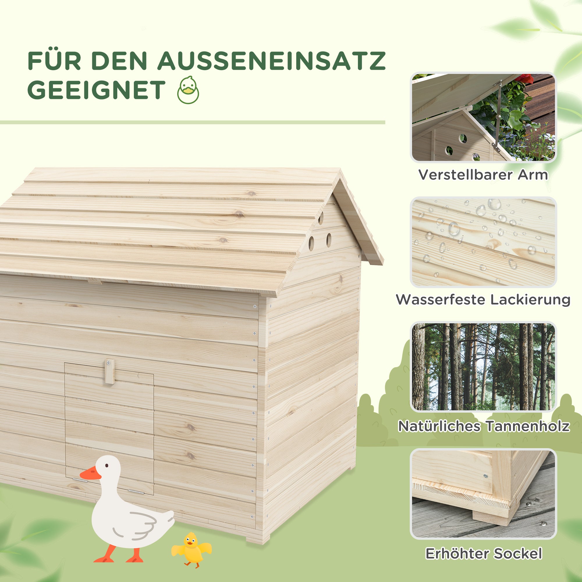 Duck House with Flip-top Roof, Poultry House with Raised Floor and Ramp at the Front Door, Duck Coop made of Fir Wood, 100 x 82.5 x 91 cm