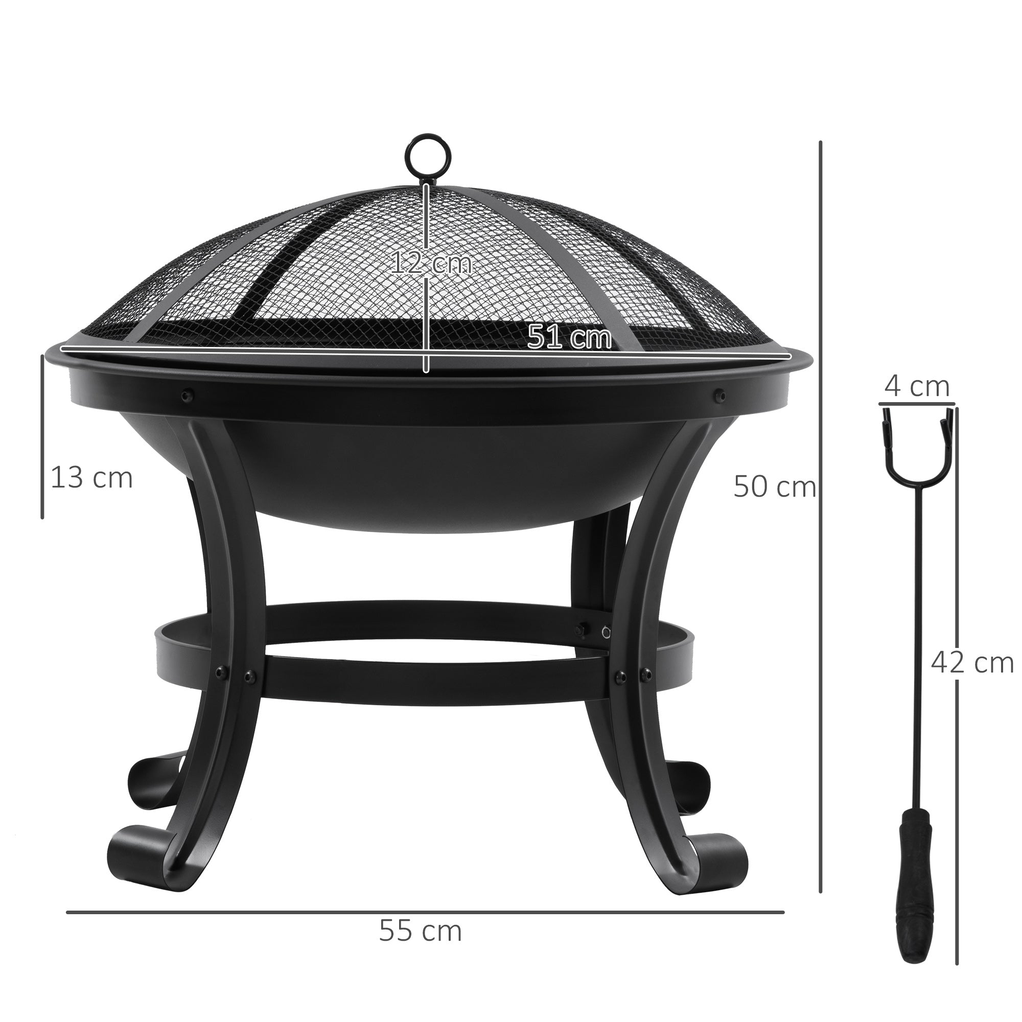Outdoor Fire Pit Garden Steel Fire Pit with Spark Guard and Poker for Fires on Terrace Camping Ø55x50 cm Black