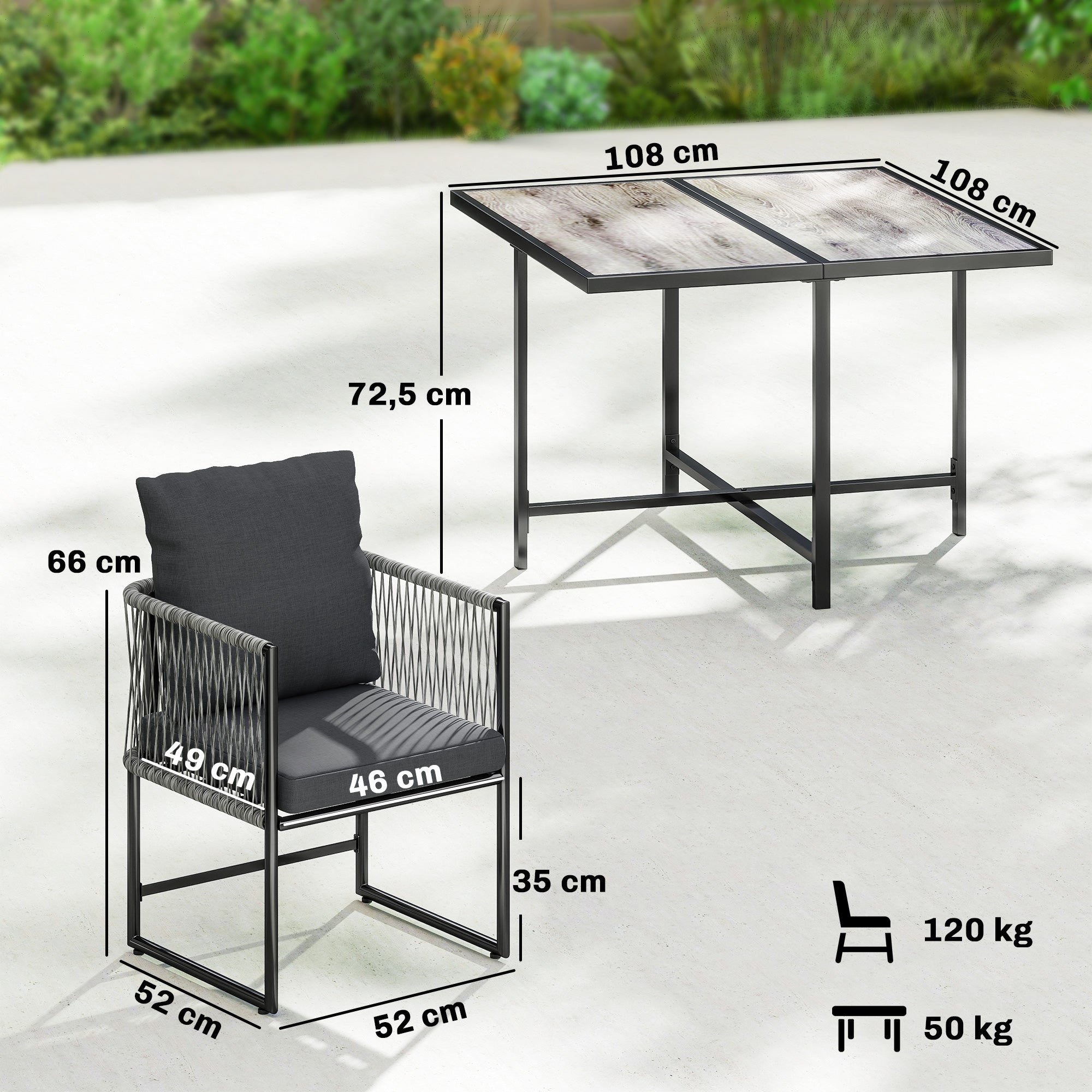 5-Piece Polyrattan Garden Furniture Set — Space-Saving Dining Set with Removable Cushions, Two-Part DPC Tabletop, Seats 4, for Garden Balcony Terrace