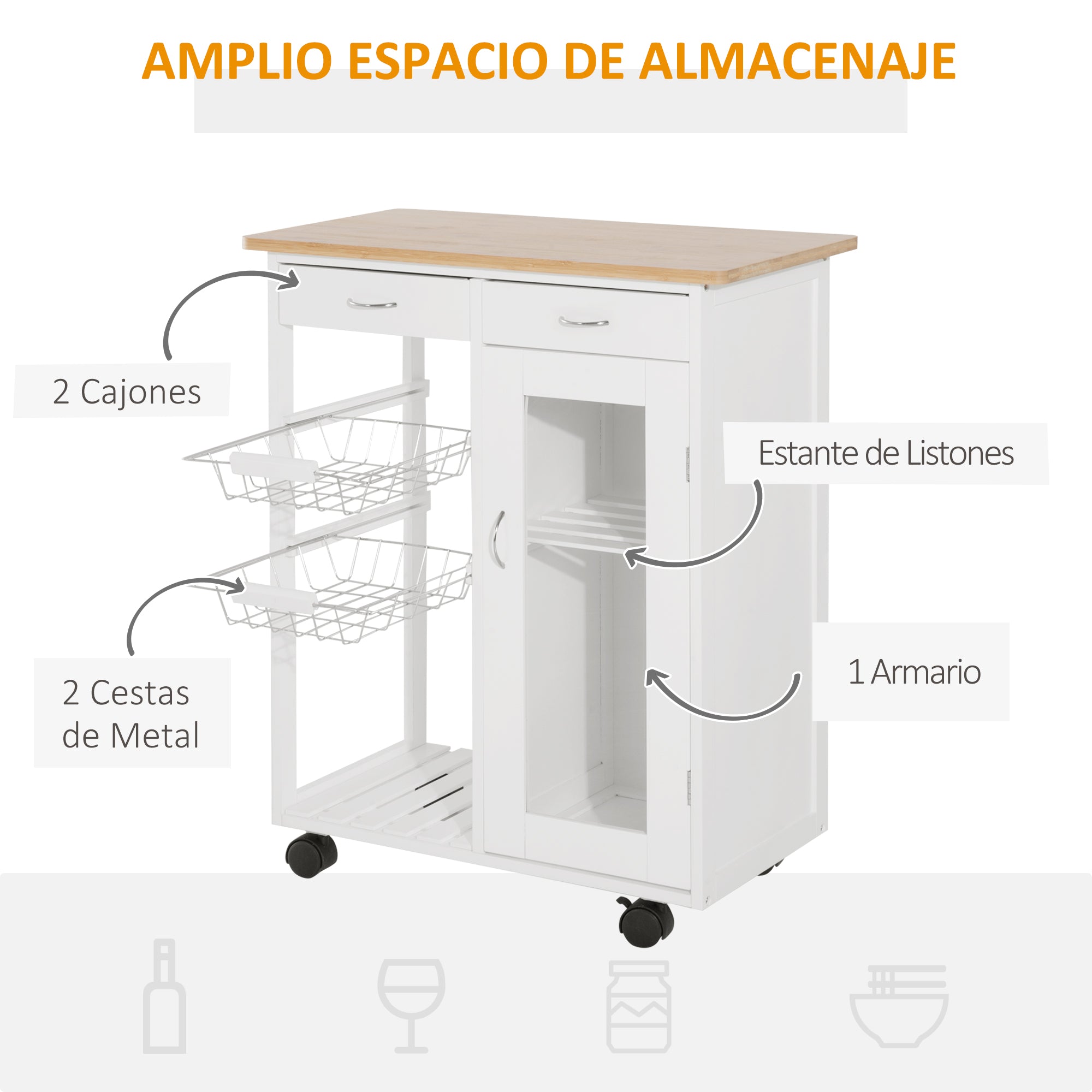 Kitchen Cart Multipurpose Serving Cart Shelf Cart with Wheels for Bathroom Bedroom with Shelves Baskets Drawers 70x37x85cm Wood