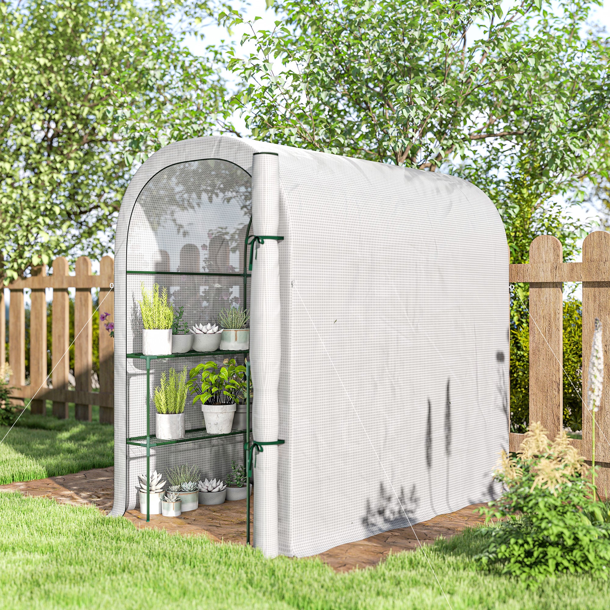 Garden Greenhouse with Shelves, 123 x 187 x 189 cm (48.4 x 73.6 x 74.4 in) – Roll-Up Door, 140 gsm High-Density PE Cover, Extended 10 cm, White