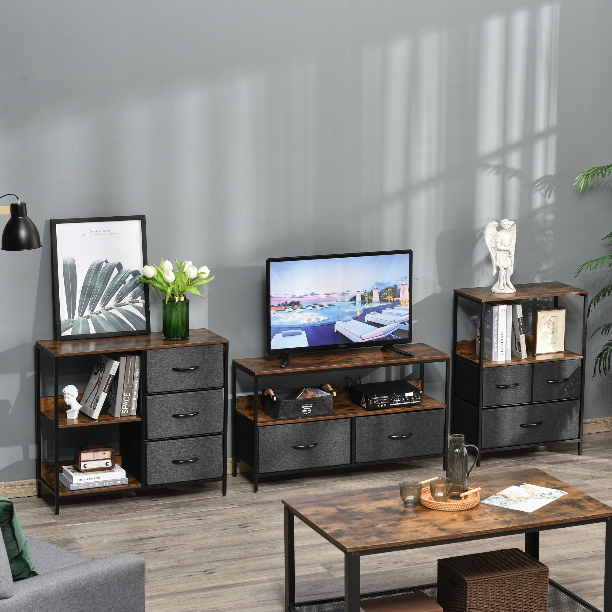 Chest of Drawers Storage Cabinet with 3 Fabric Drawers, 2 Open Shelves, Dresser Cabinet with Metal Frame for Bedroom, Living Room Brown